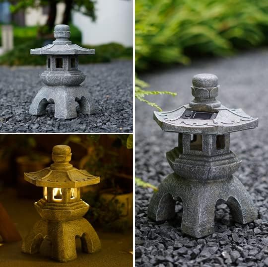 Nacome Solar Pagoda Lantern Garden Statue,Indoor/Outdoor Zen Asian Decor for Landscape Balcony,Garden,Patio,Porch Yard Art Ornament,Polyresin, Stone Finish