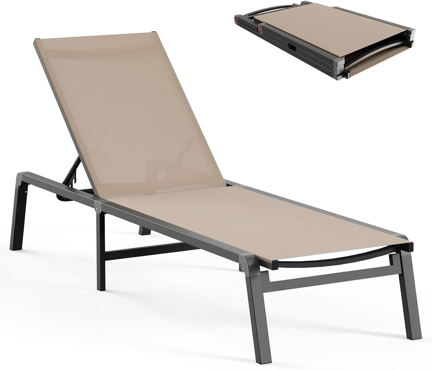 Aluminum Chaise Lounge Ourdoor - Foldable & Assemble Free Outdoor Lounge Chair with 5 Adjustable Backrest, Patio Lounge Chair for Outside Poolside Beach Pool, Grey
