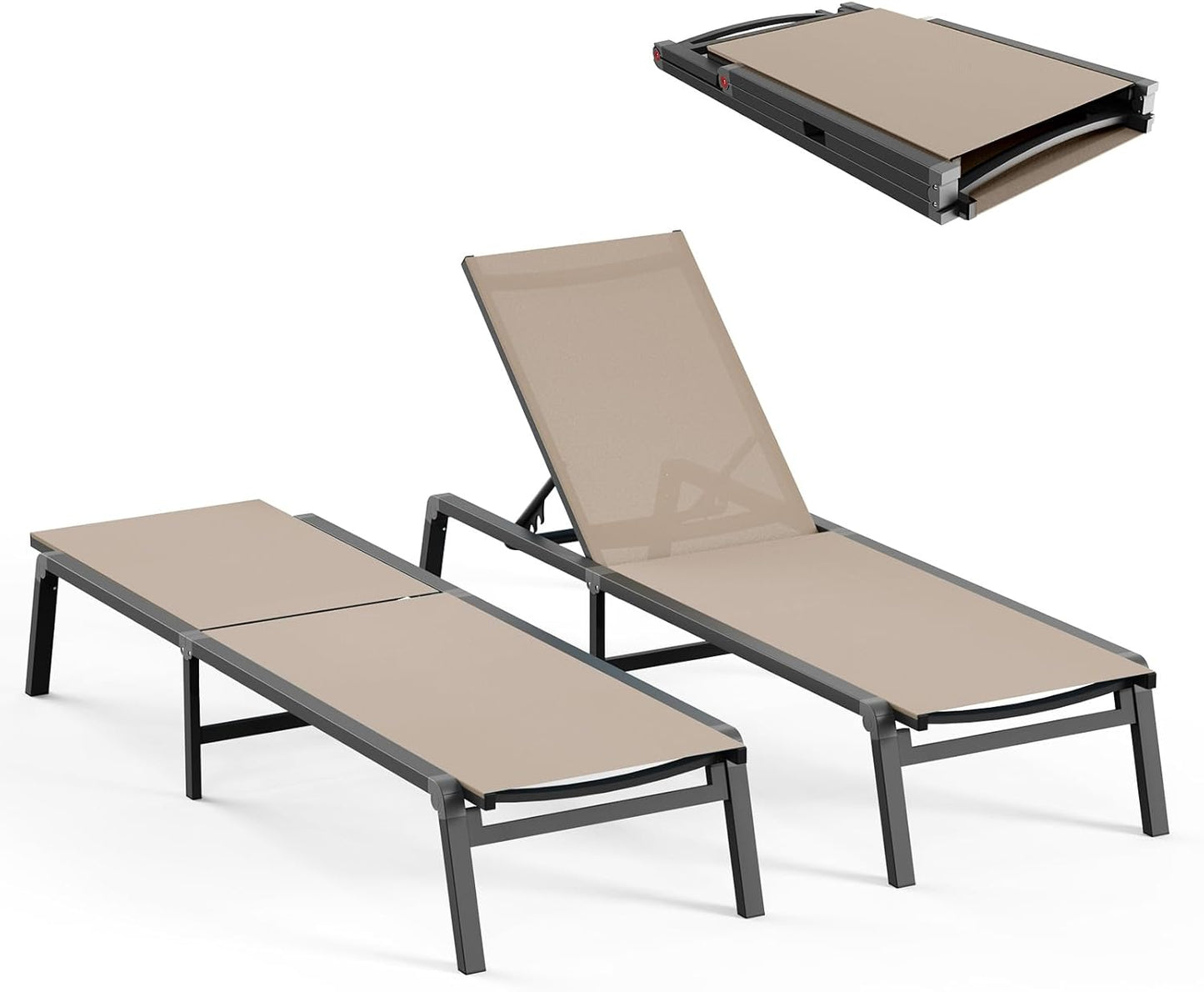 Aluminum Chaise Lounge Ourdoor - Foldable & Assemble Free Outdoor Lounge Chair with 5 Adjustable Backrest, Patio Lounge Chair for Outside Poolside Beach Pool, Grey