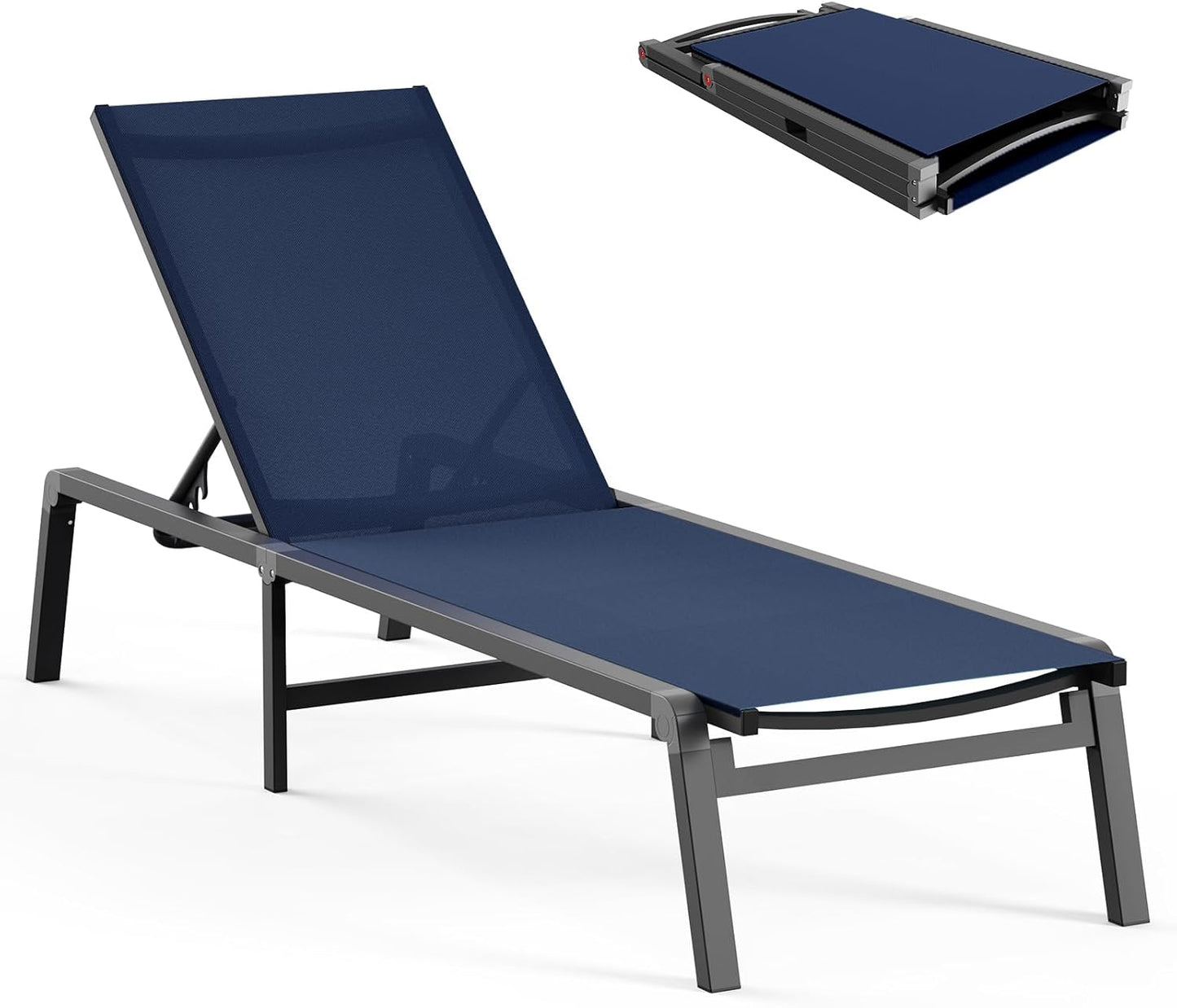 Aluminum Chaise Lounge Ourdoor - Foldable & Assemble Free Outdoor Lounge Chair with 5 Adjustable Backrest, Patio Lounge Chair for Outside Poolside Beach Pool, Grey