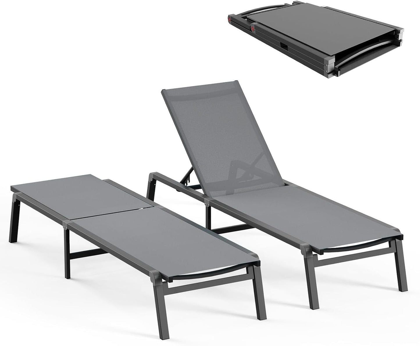 Aluminum Chaise Lounge Ourdoor - Foldable & Assemble Free Outdoor Lounge Chair with 5 Adjustable Backrest, Patio Lounge Chair for Outside Poolside Beach Pool, Grey