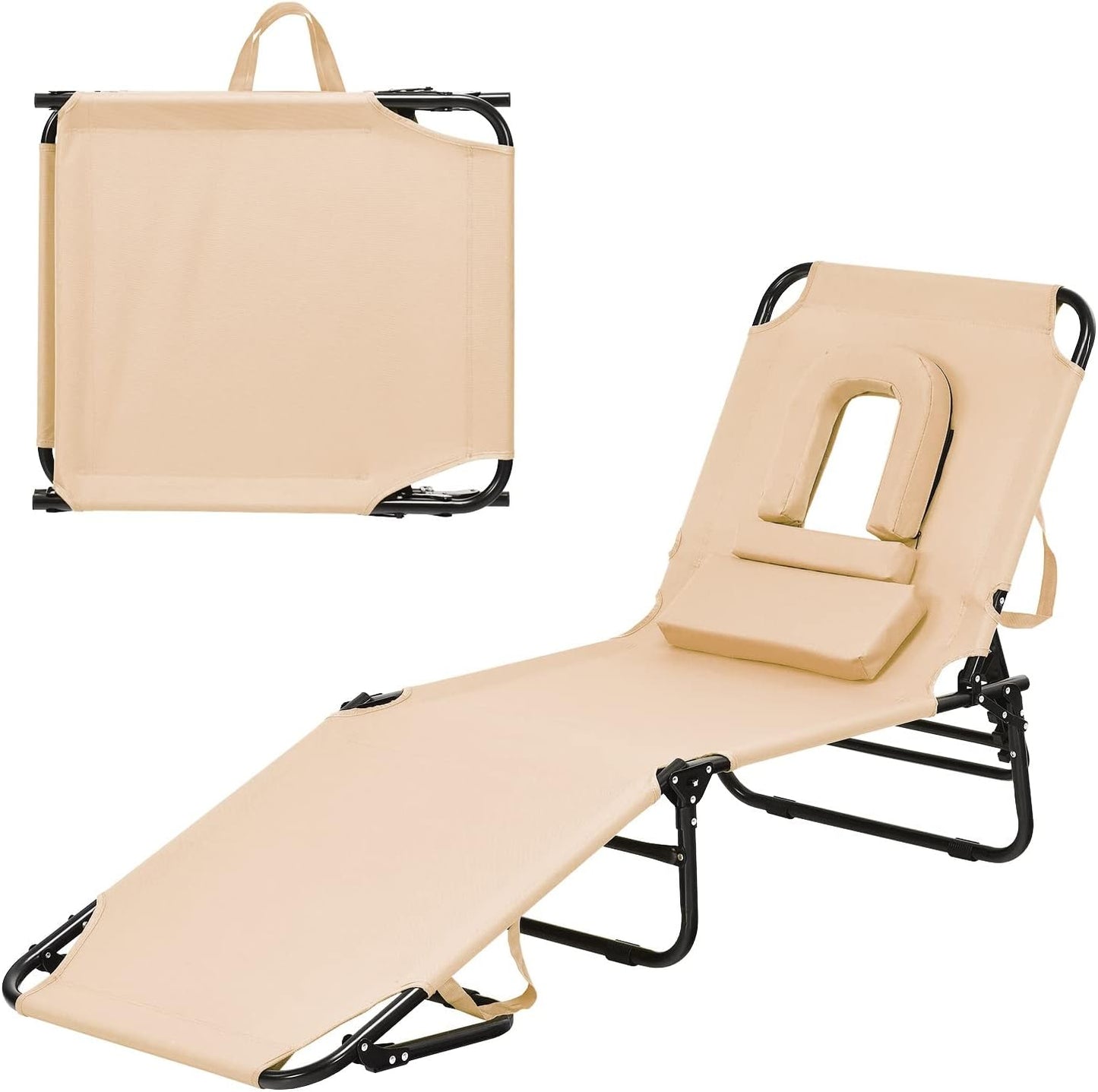 Folding Beach Lounge Chair w/ 5 Adjutable Backrest & Padded Pillow, Sunbathing Lounger Chair, Sun Tanning Lay Flat Chair for Seaside Pool Deck, Max Load 330 LBS, No Assembly Required (Beige)