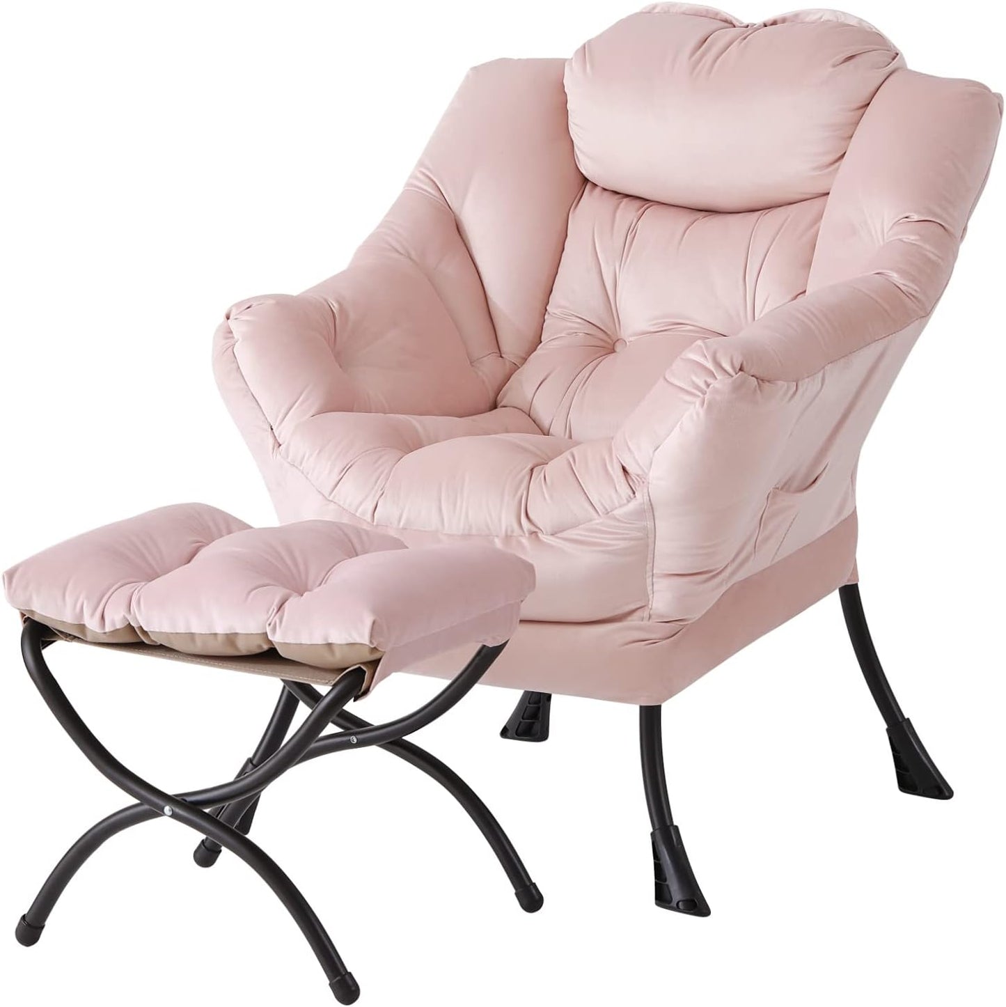 Welnow Lazy Chair with Ottoman, Modern Lounge Accent Chair with Armrests and a Side Pocket, Leisure Sofa Armchair, Reading Armchair with Footrest for Small Space, Dark Grey
