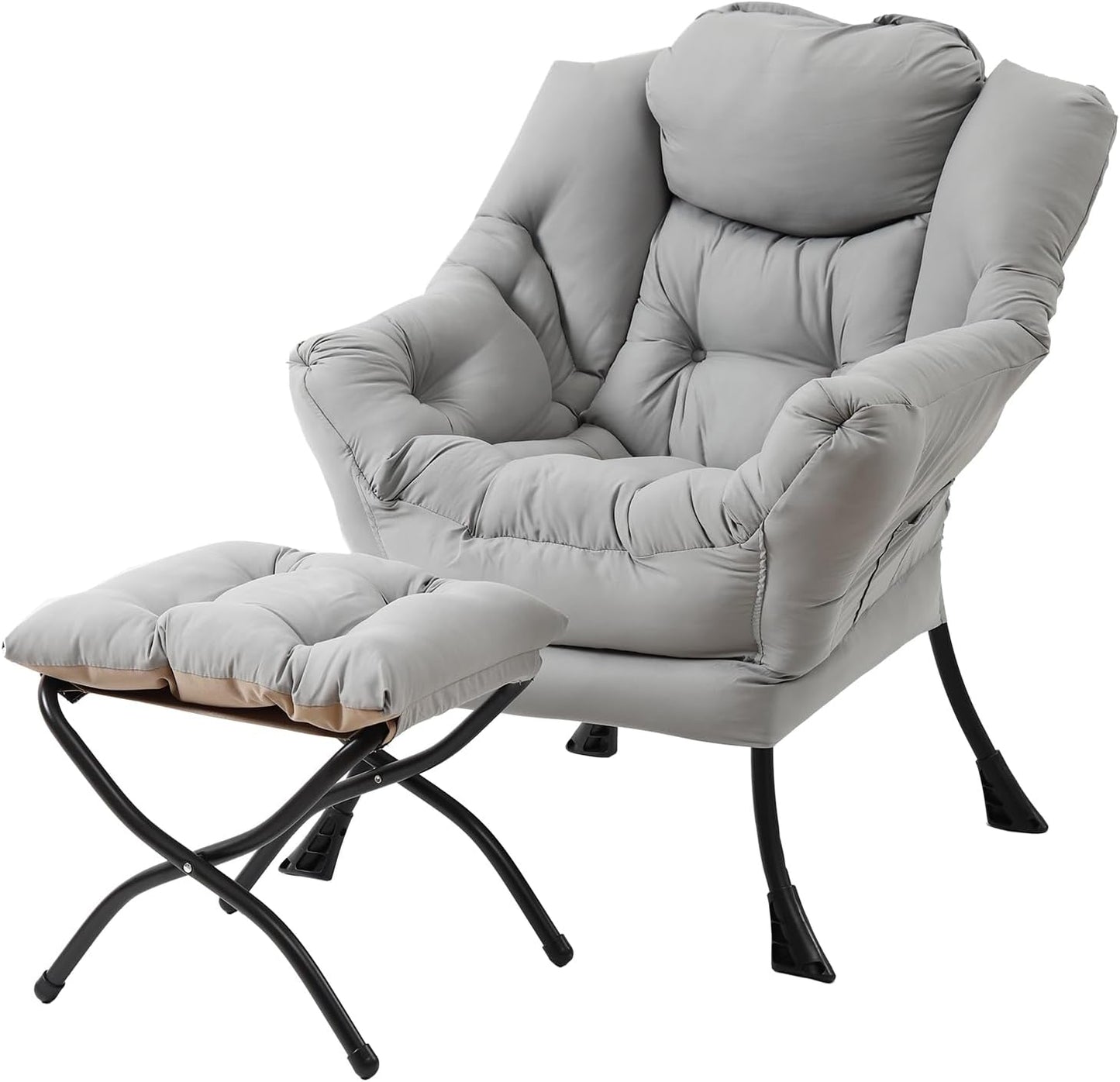 Welnow Lazy Chair with Ottoman, Modern Lounge Accent Chair with Armrests and a Side Pocket, Leisure Sofa Armchair, Reading Armchair with Footrest for Small Space, Dark Grey
