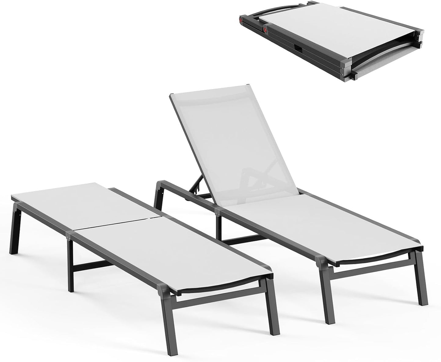 Aluminum Chaise Lounge Ourdoor - Foldable & Assemble Free Outdoor Lounge Chair with 5 Adjustable Backrest, Patio Lounge Chair for Outside Poolside Beach Pool, Grey