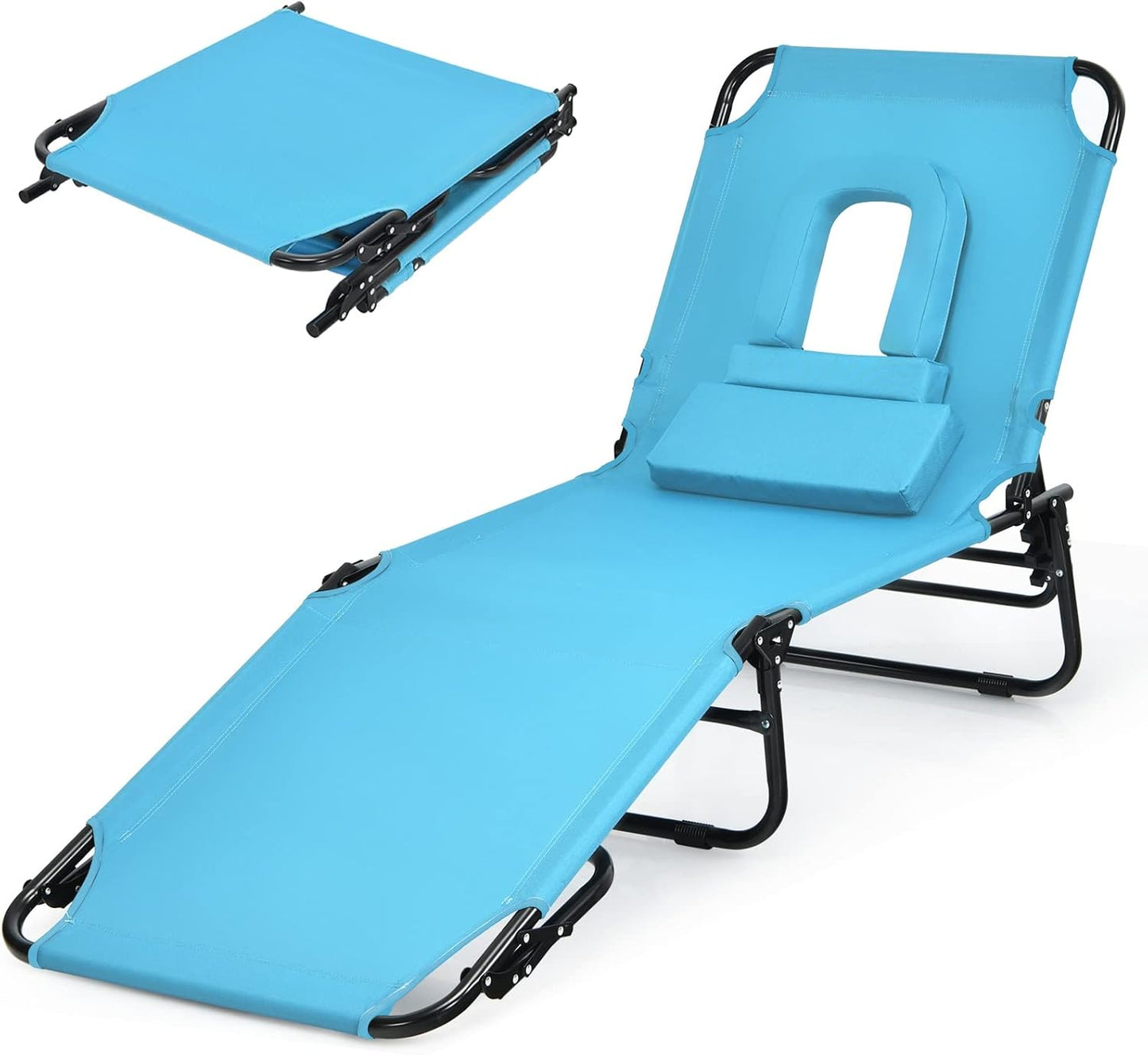 Folding Beach Lounge Chair w/ 5 Adjutable Backrest & Padded Pillow, Sunbathing Lounger Chair, Sun Tanning Lay Flat Chair for Seaside Pool Deck, Max Load 330 LBS, No Assembly Required (Beige)