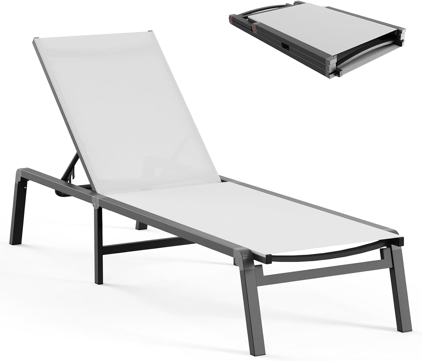 Aluminum Chaise Lounge Ourdoor - Foldable & Assemble Free Outdoor Lounge Chair with 5 Adjustable Backrest, Patio Lounge Chair for Outside Poolside Beach Pool, Grey