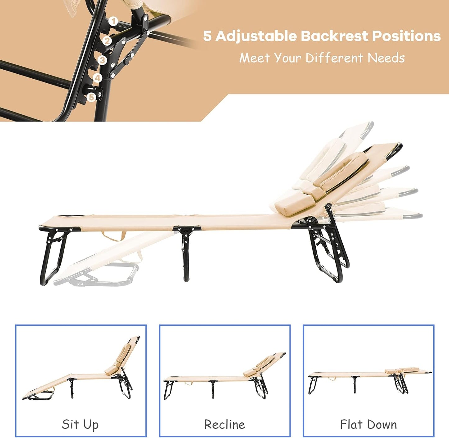 Folding Beach Lounge Chair w/ 5 Adjutable Backrest & Padded Pillow, Sunbathing Lounger Chair, Sun Tanning Lay Flat Chair for Seaside Pool Deck, Max Load 330 LBS, No Assembly Required (Beige)