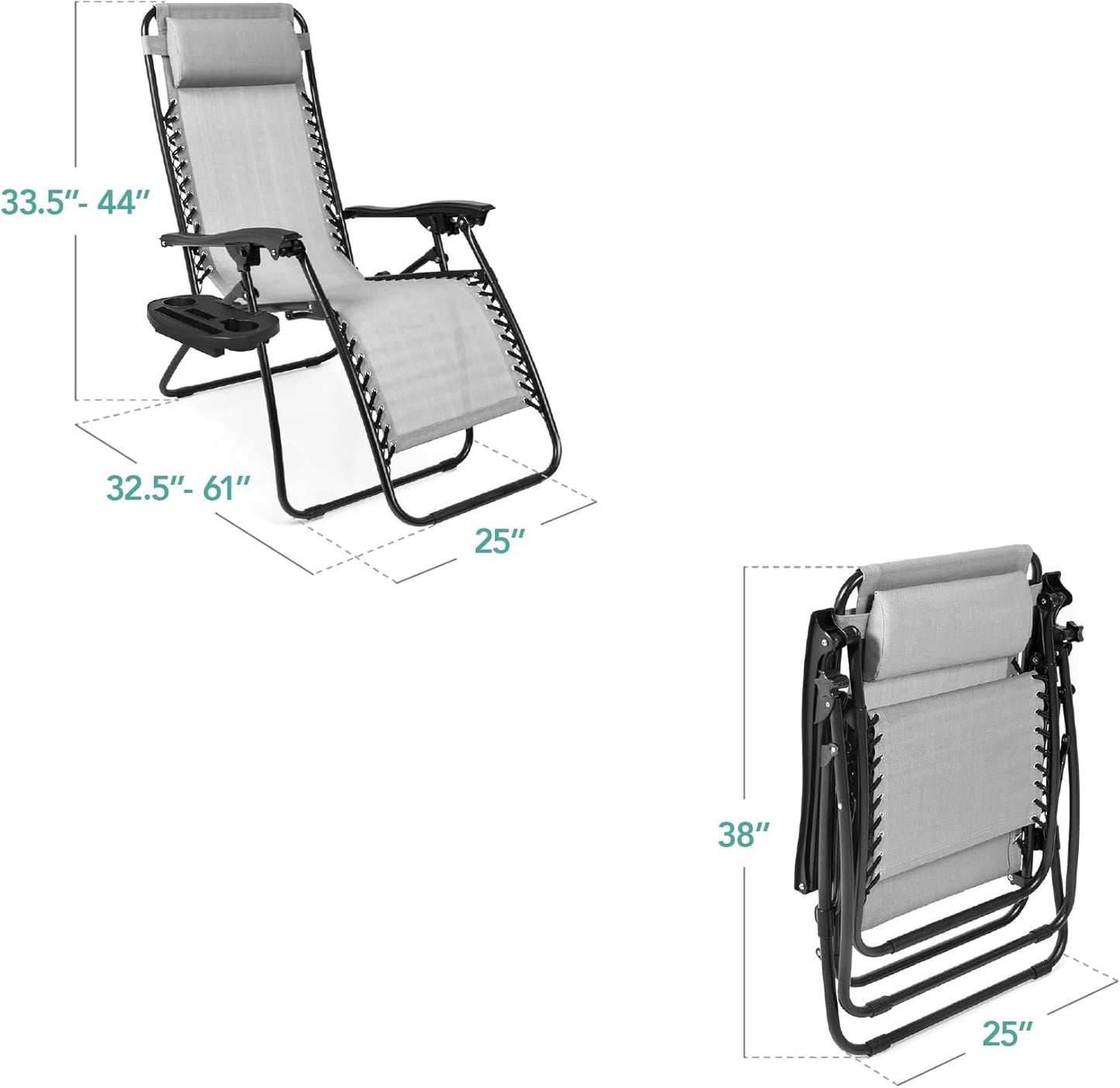 Best Choice Products Set of 2 Adjustable Steel Mesh Zero Gravity Lounge Chair Recliners w/Pillows and Cup Holder Trays - Ice Gray
