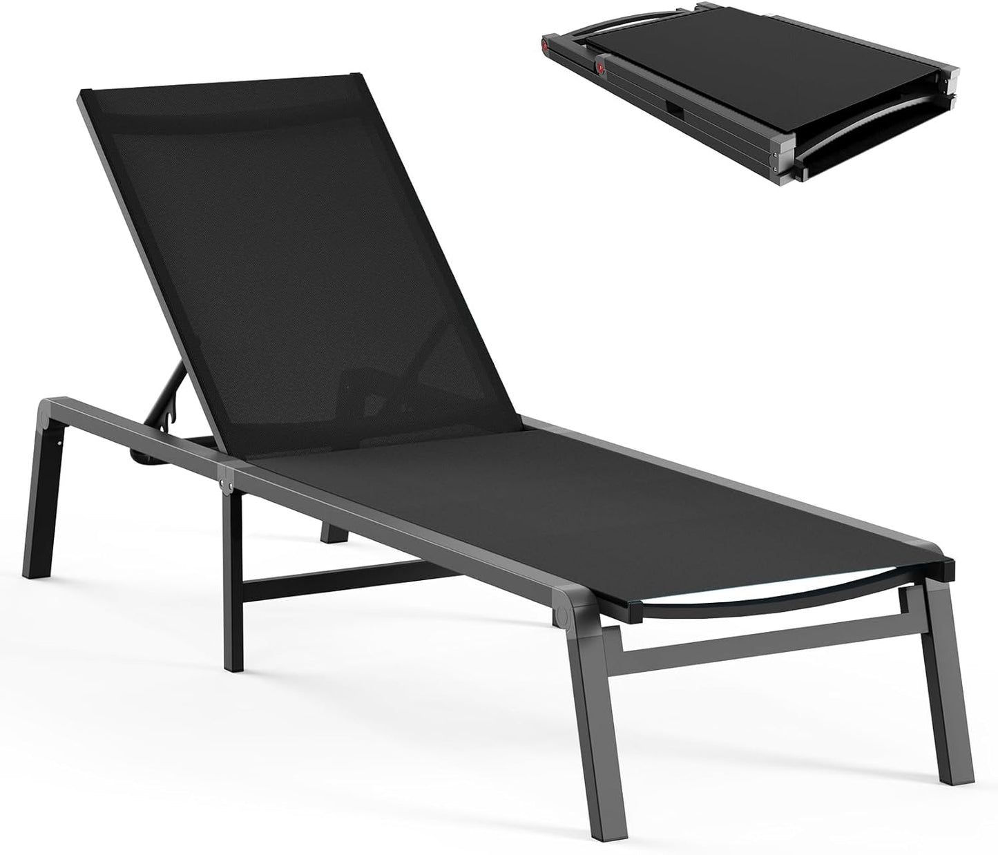 Aluminum Chaise Lounge Ourdoor - Foldable & Assemble Free Outdoor Lounge Chair with 5 Adjustable Backrest, Patio Lounge Chair for Outside Poolside Beach Pool, Grey