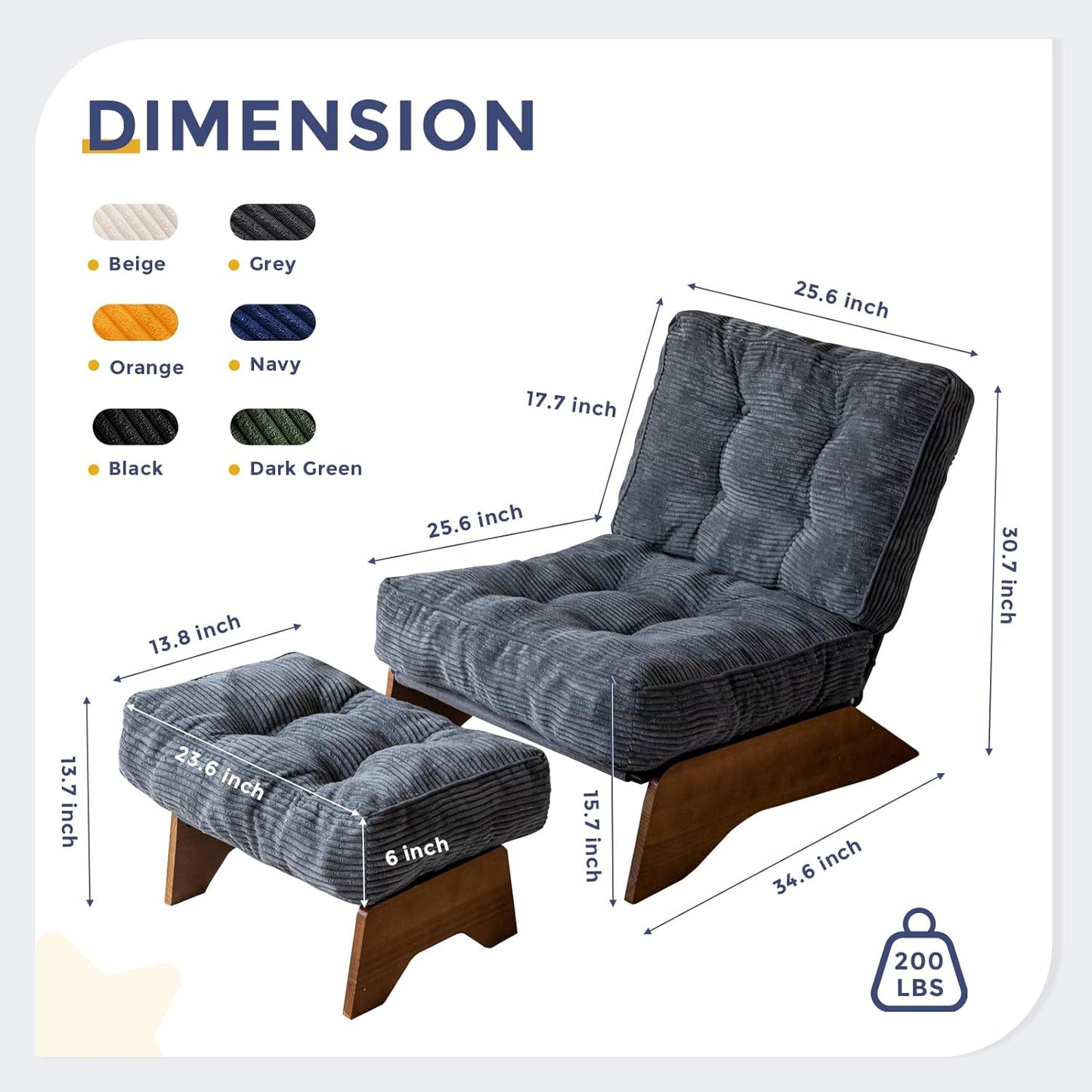 MAXYOYO Accent Chair with Ottoman Adjustable Backrest, Tufted Living Room Chair Upholstered Lounge Chair with Footrest Set, Modern Chair Cozy Reclining Chair for Reading Room, Dark Grey