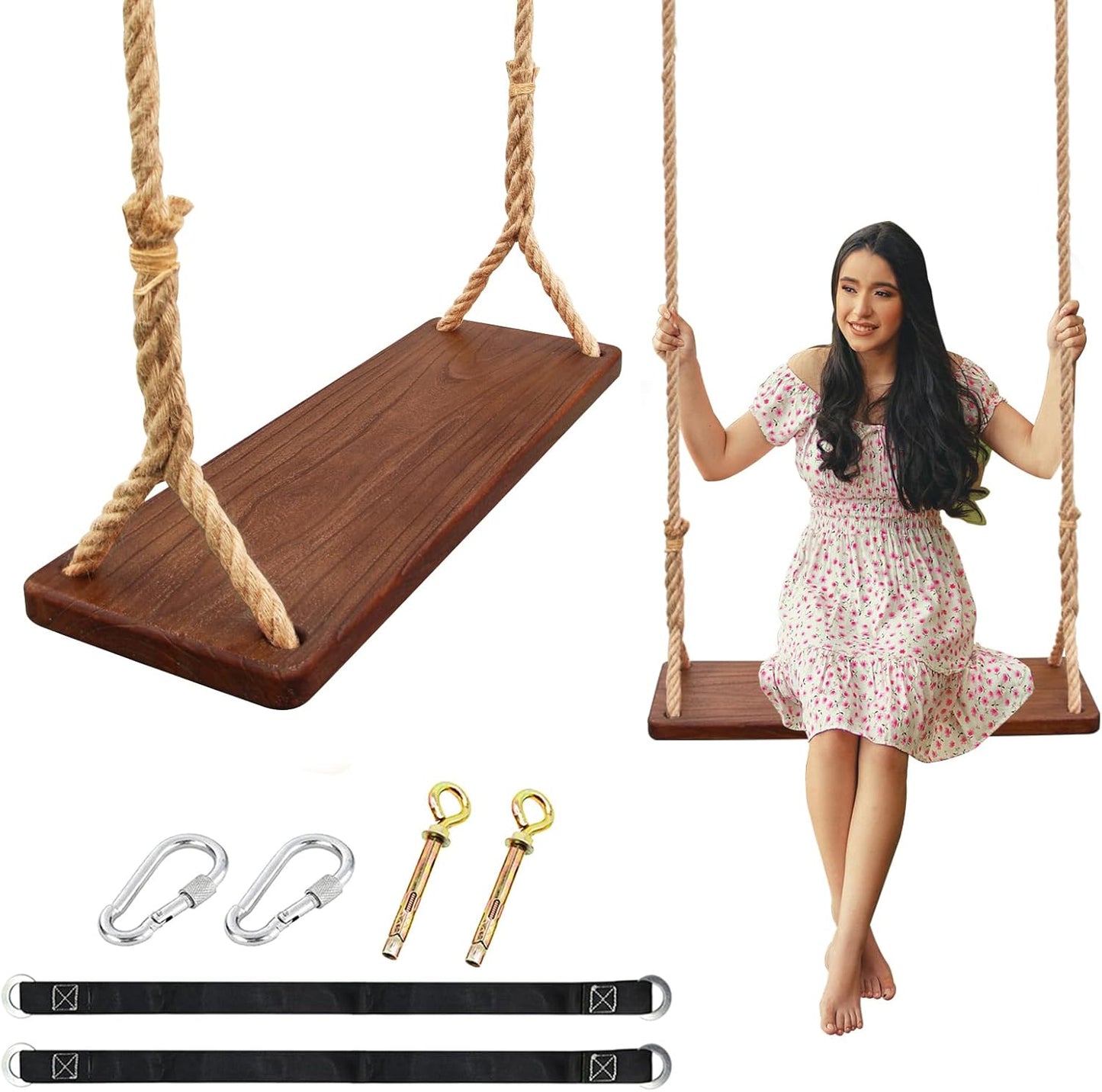 Wooden Swing,Seat 24"x 8"x 1.2,500lbs,Adjustable Hemp Rope & Extension Tree Straps 100 inch,Outdoor Wood Swing,Wood Swings for Adults Kids