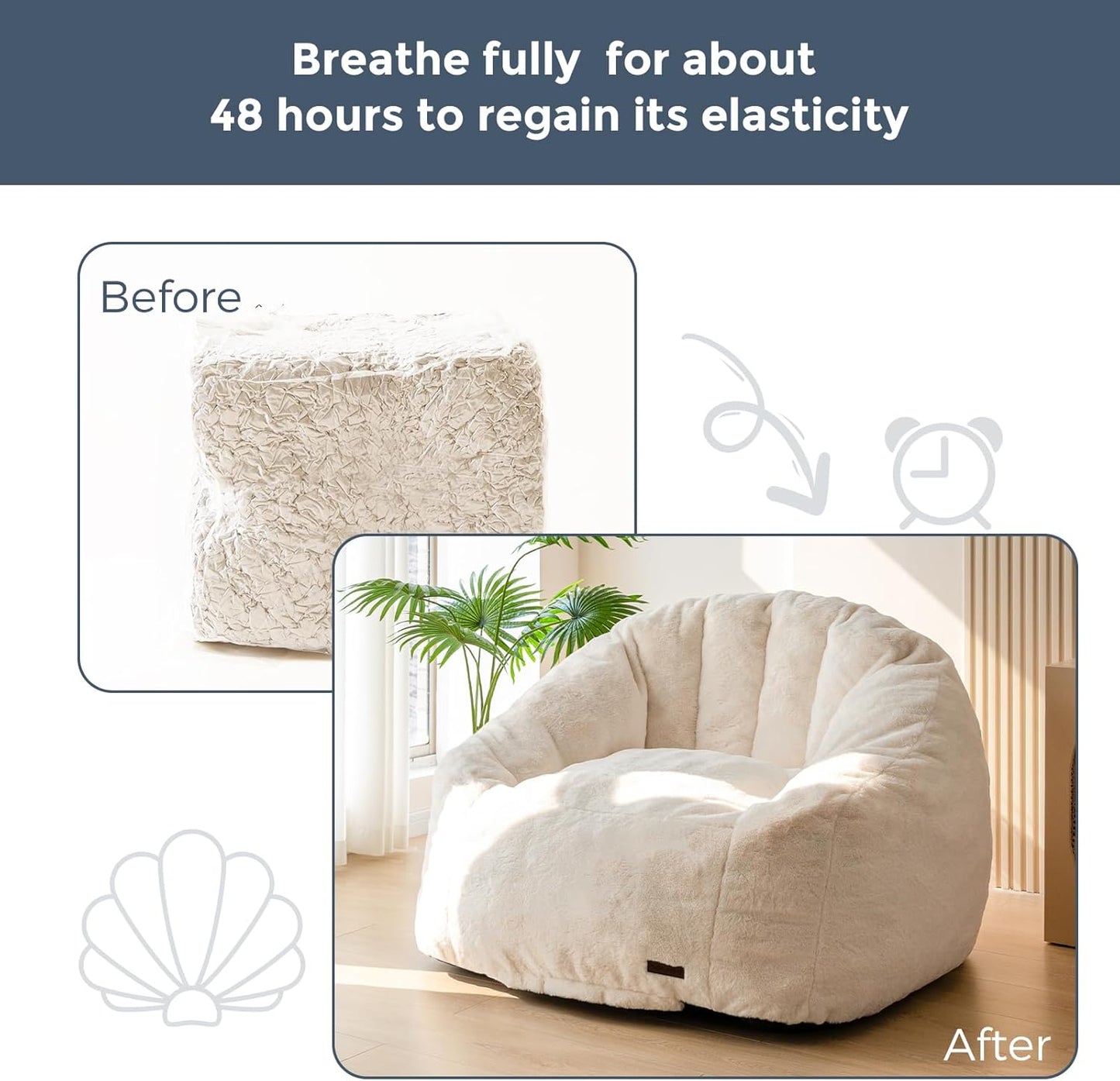 MAXYOYO Giant Bean Bag Chair, Oversized Bean Bag Couch for Adults and Kids, Faux Fur Shell-Shaped Large Chair with Filler, Stuffed Big Accent Sofa Lounge Floor Sofa for Gaming, Reading, Beige