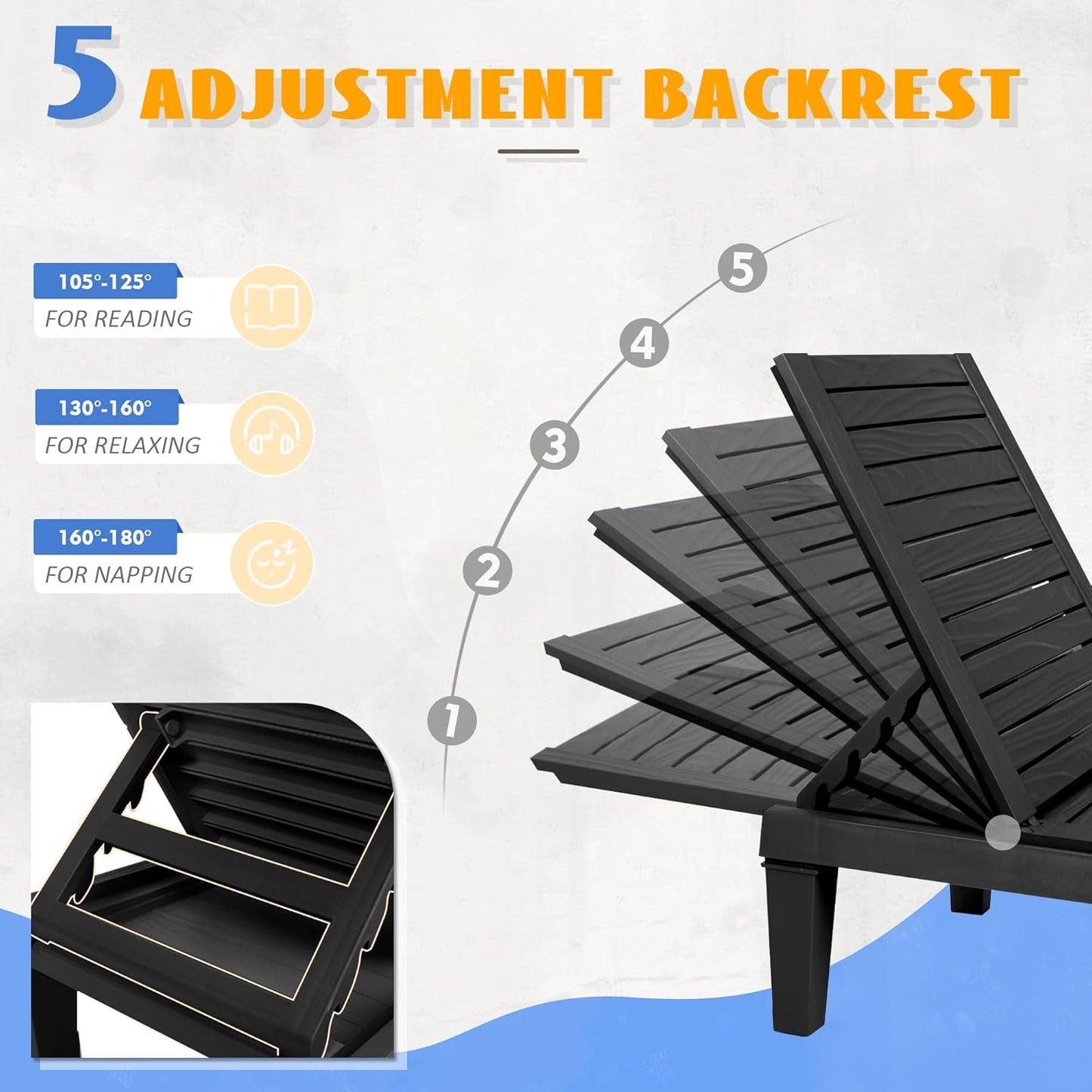 Outdoor Chaise Lounge Chair Set of 2,Lightweight Patio Chairs,Waterproof Lawn Chairs Lounge Outdoor,5-Positions Adjustable Pool Lounge Chair for Garden Beach Patio Poolside and Deck,Striped Black