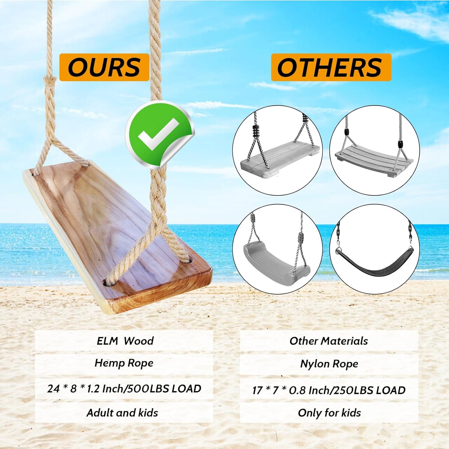Wooden Swing,Seat 24"x 8"x 1.2,500lbs,Adjustable Hemp Rope & Extension Tree Straps 100 inch,Outdoor Wood Swing,Wood Swings for Adults Kids