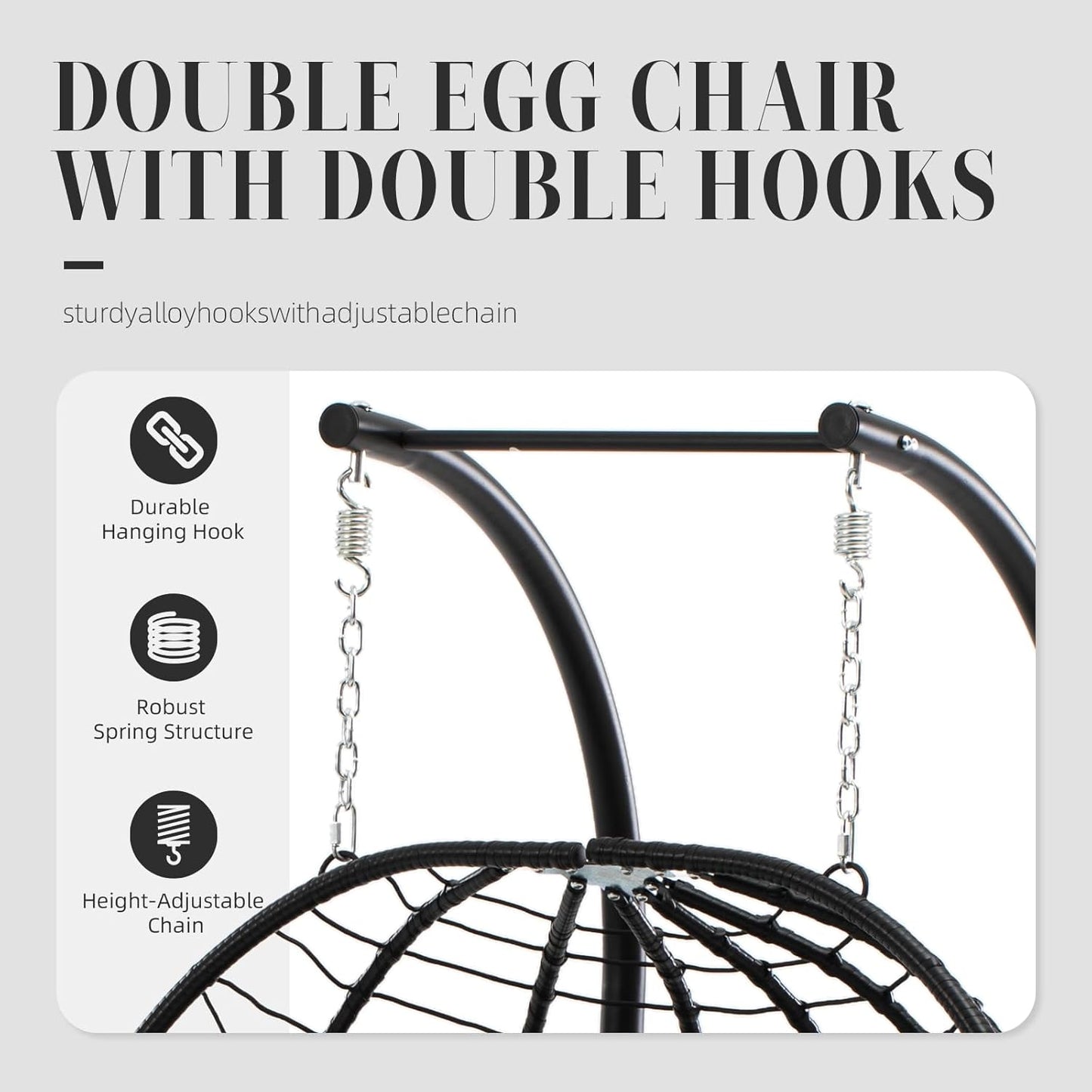 Easyego Double Egg Chair with Stand Hammock Swing Chair 2 Person Outdoor Indoor Hanging Loveseat with UV Resistant Removable Cushion for Patio Living Room-660LBS Capacity, Grey