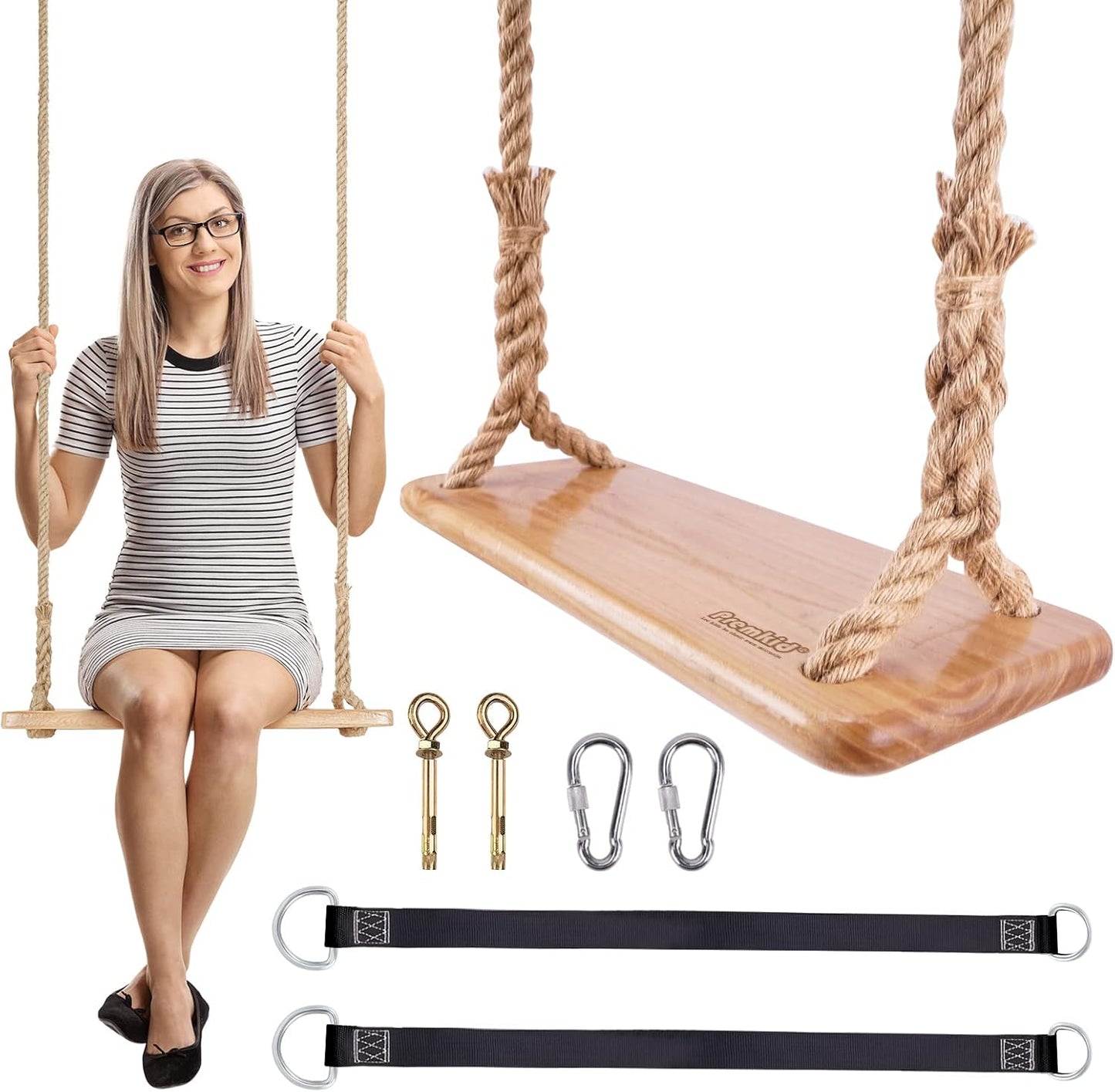 Hanging Wooden Swing, 24"x 8"x 1.2" Tree Swing for Adults and Kids with 500lbs Load, Adjustable Hemp Rope Plus Tree Straps 147 inch, Wood Swing Set Seat for Outdoor and Indoor Use