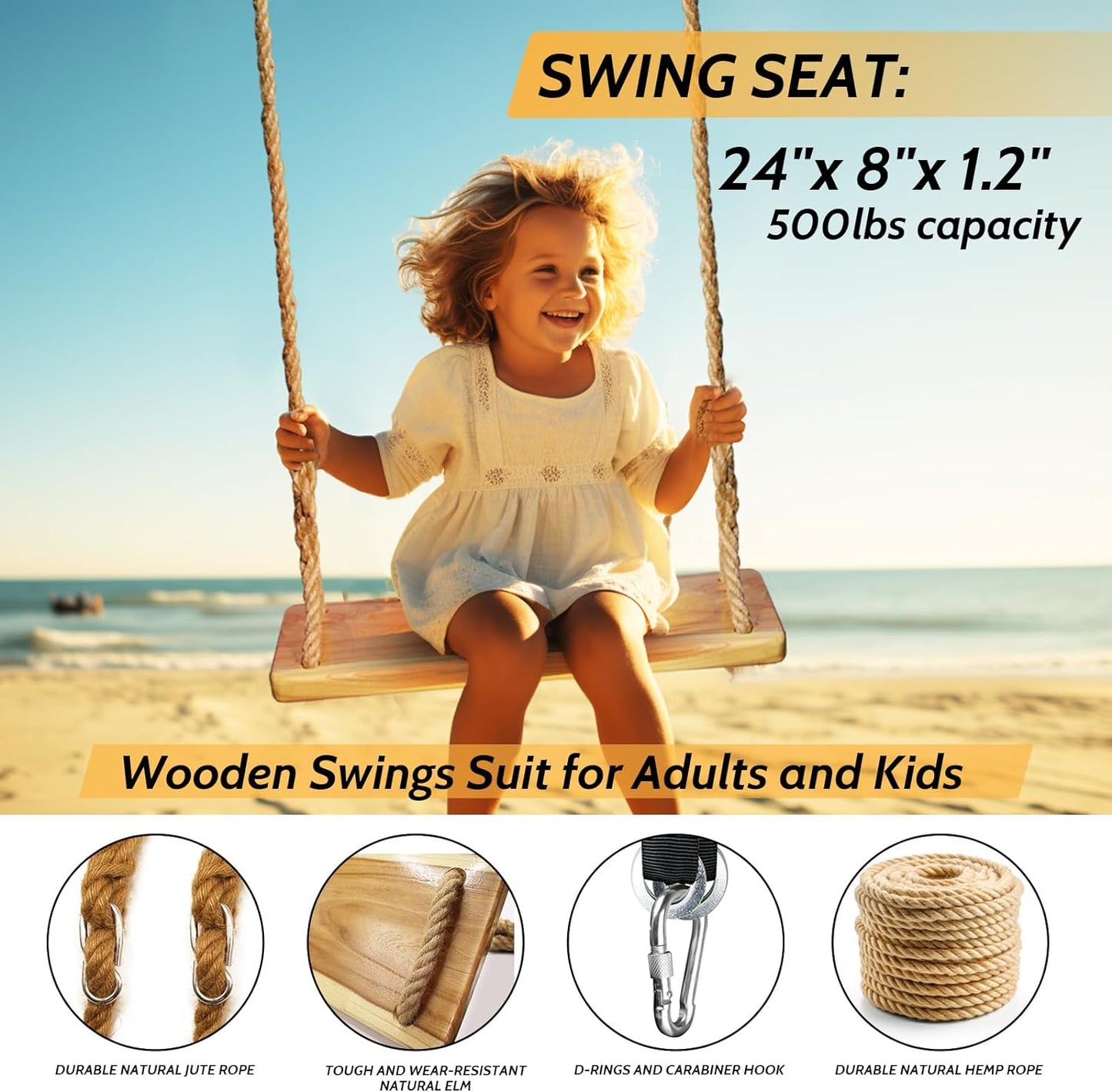 Wooden Swing,Seat 24"x 8"x 1.2,500lbs,Adjustable Hemp Rope & Extension Tree Straps 100 inch,Outdoor Wood Swing,Wood Swings for Adults Kids