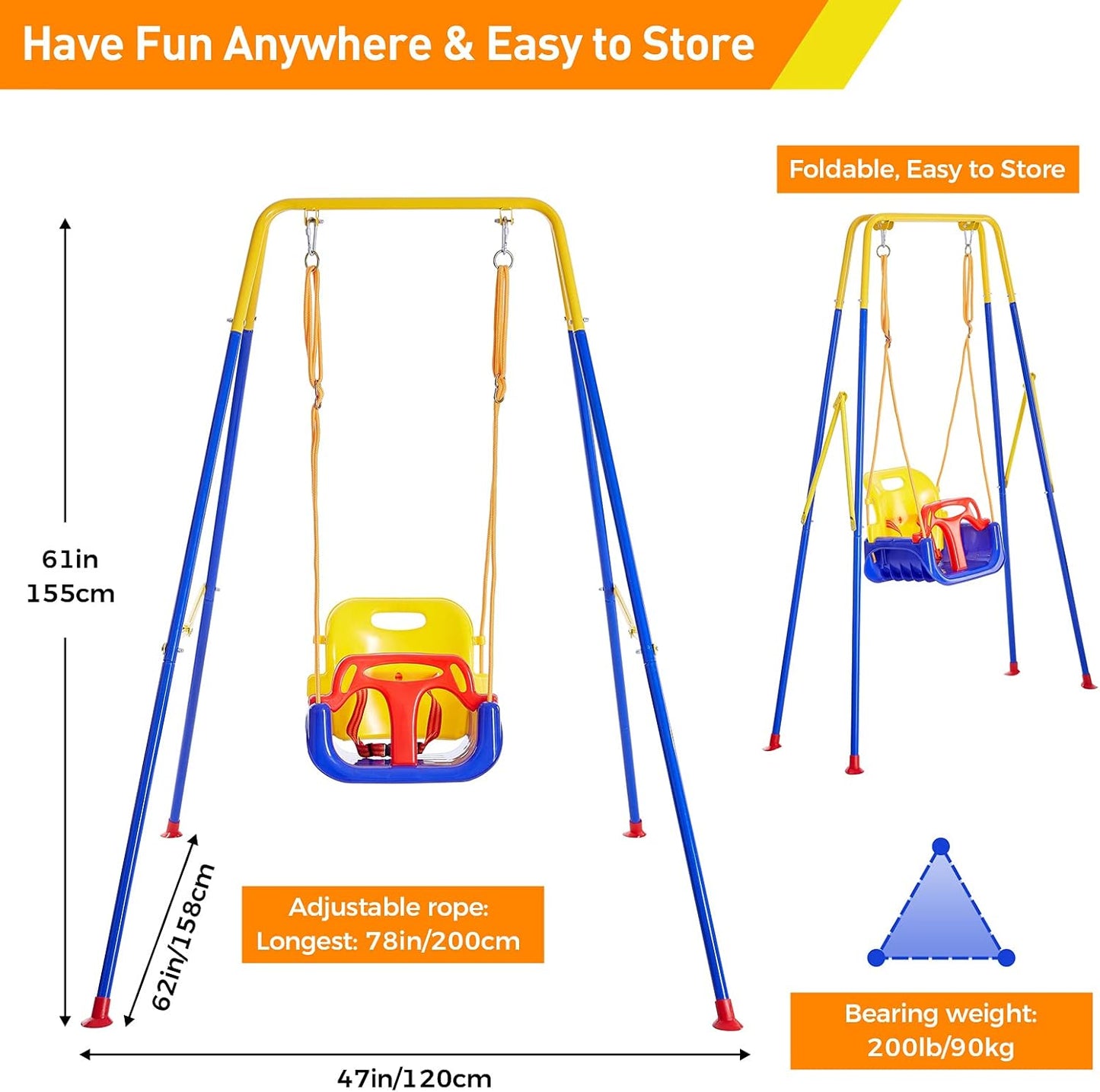 FUNLIO 3-in-1 Toddler Swing Set with 4 Sandbags, Indoor/Outdoor Baby Swing with Foldable Metal Stand, Kids Swing Set for Backyard, Clear Instructions, Easy to Assemble & Store