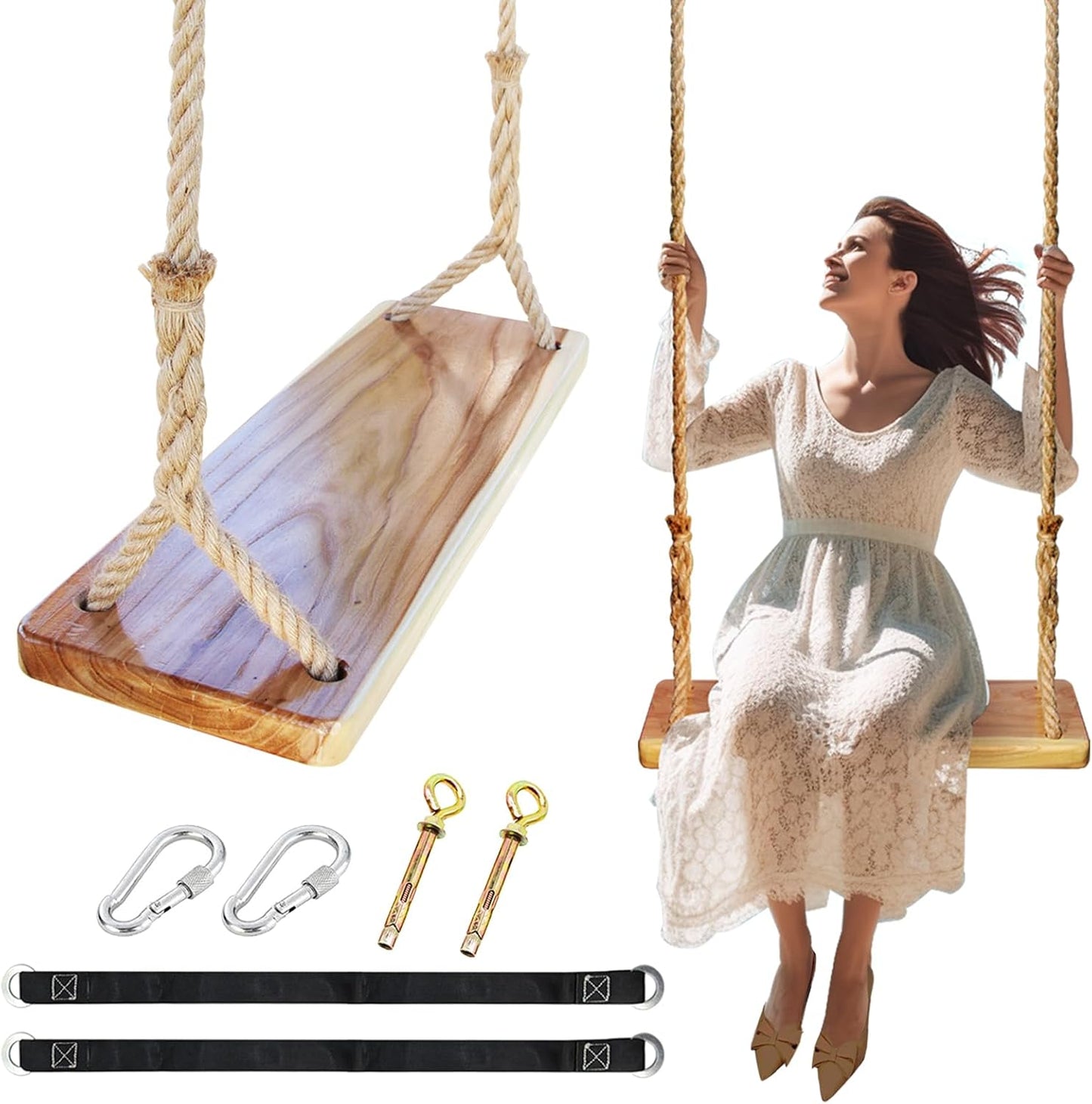 Wooden Swing,Seat 24"x 8"x 1.2,500lbs,Adjustable Hemp Rope & Extension Tree Straps 100 inch,Outdoor Wood Swing,Wood Swings for Adults Kids