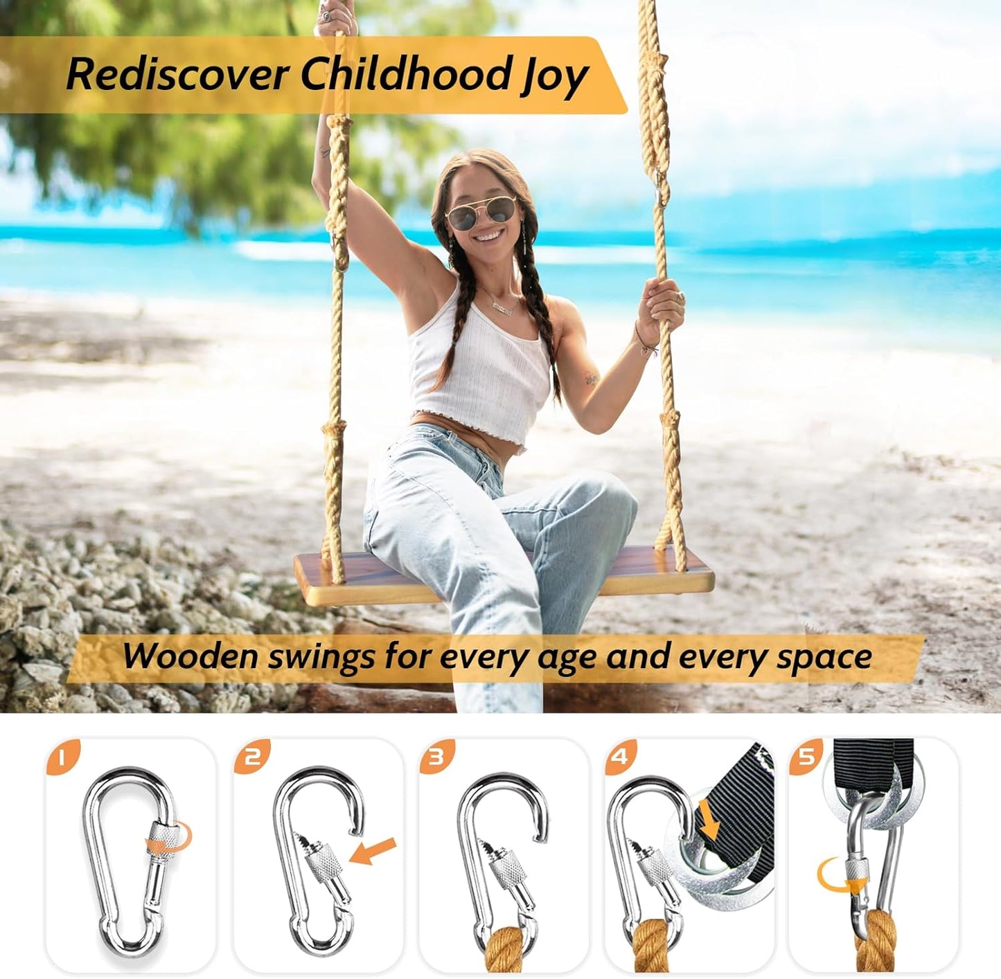 Wooden Swing,Seat 24"x 8"x 1.2,500lbs,Adjustable Hemp Rope & Extension Tree Straps 100 inch,Outdoor Wood Swing,Wood Swings for Adults Kids