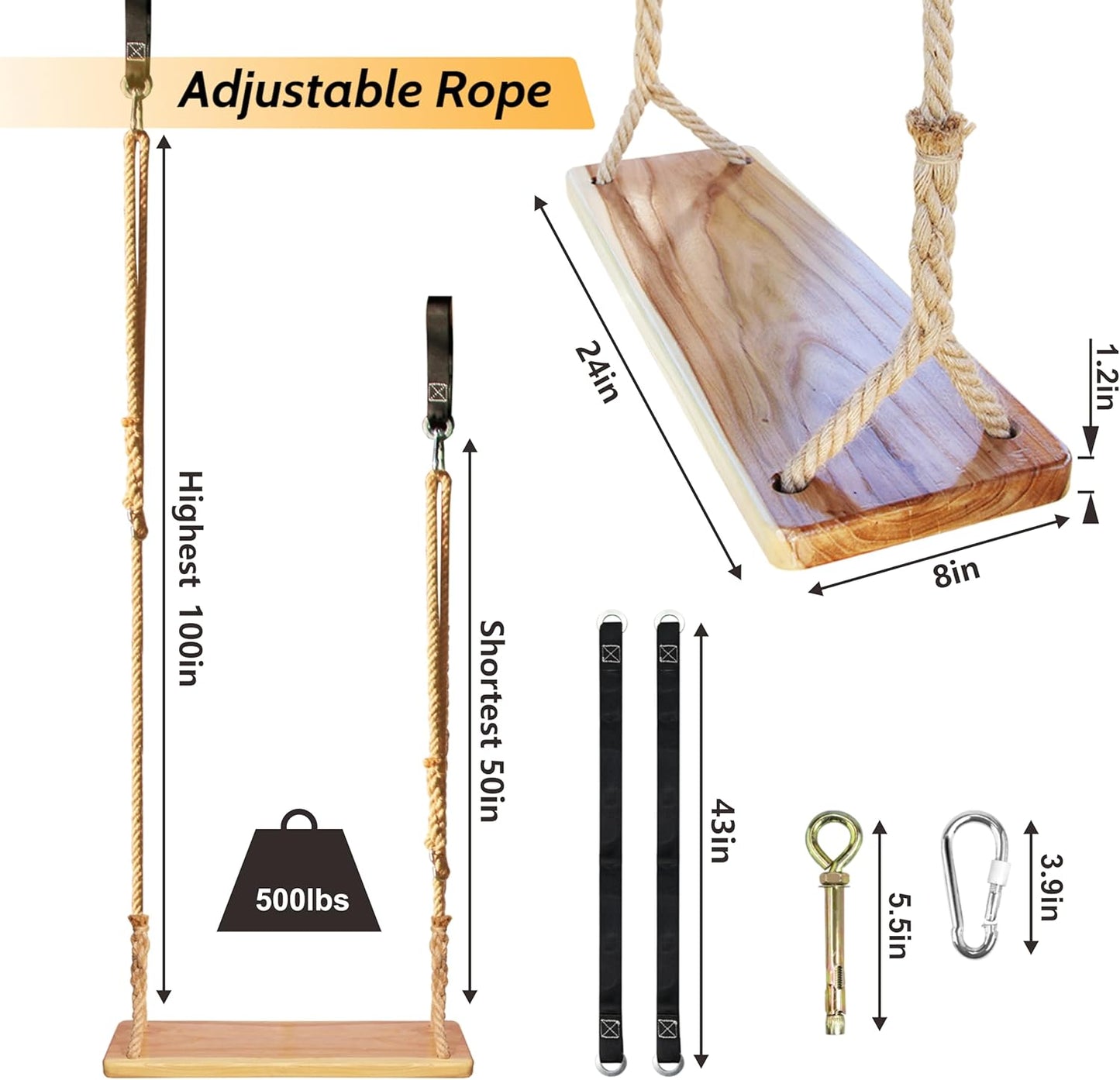 Wooden Swing,Seat 24"x 8"x 1.2,500lbs,Adjustable Hemp Rope & Extension Tree Straps 100 inch,Outdoor Wood Swing,Wood Swings for Adults Kids