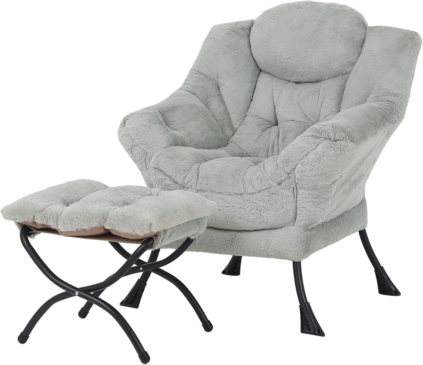 Welnow Lazy Chair with Ottoman, Modern Lounge Accent Chair with Armrests and a Side Pocket, Leisure Sofa Armchair, Reading Armchair with Footrest for Small Space, Dark Grey