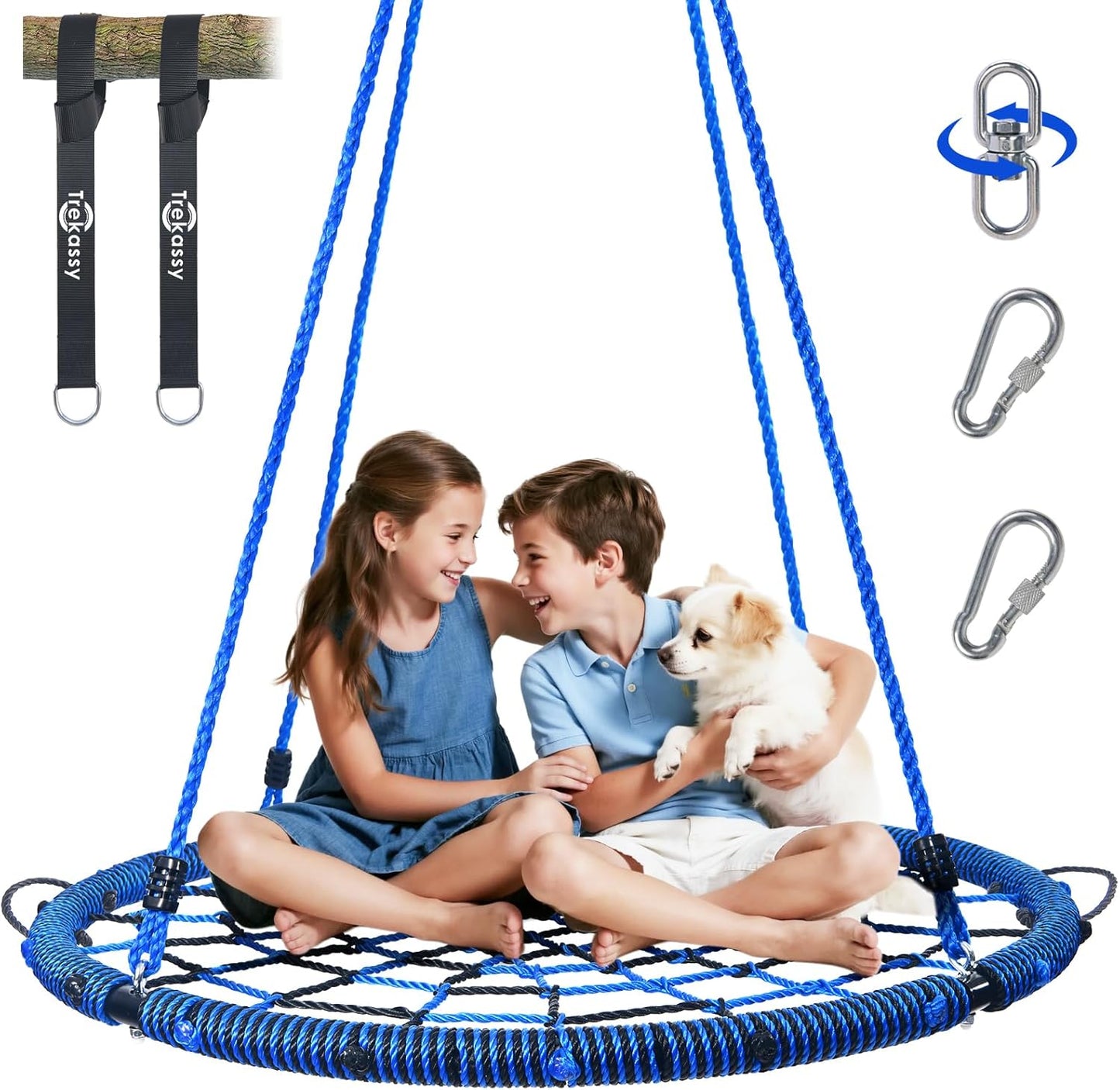 Trekassy 750lbs 40" Spider Web Saucer Tree Swing for Kids Adults, Outdoor Net Swing with Steel Frame and 2 Hanging Straps-Blue