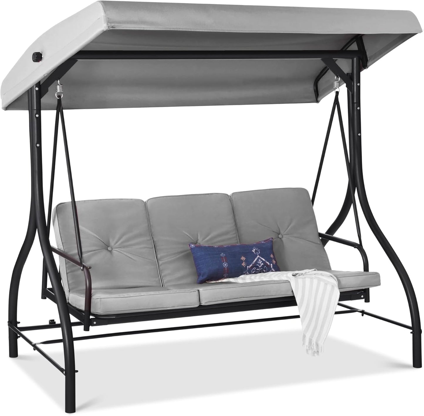 Best Choice Products 3-Seat Outdoor Large Converting Canopy Swing Glider, Patio Hammock Lounge Chair for Porch, Backyard w/Flatbed, Adjustable Shade, Removable Cushions - Gray