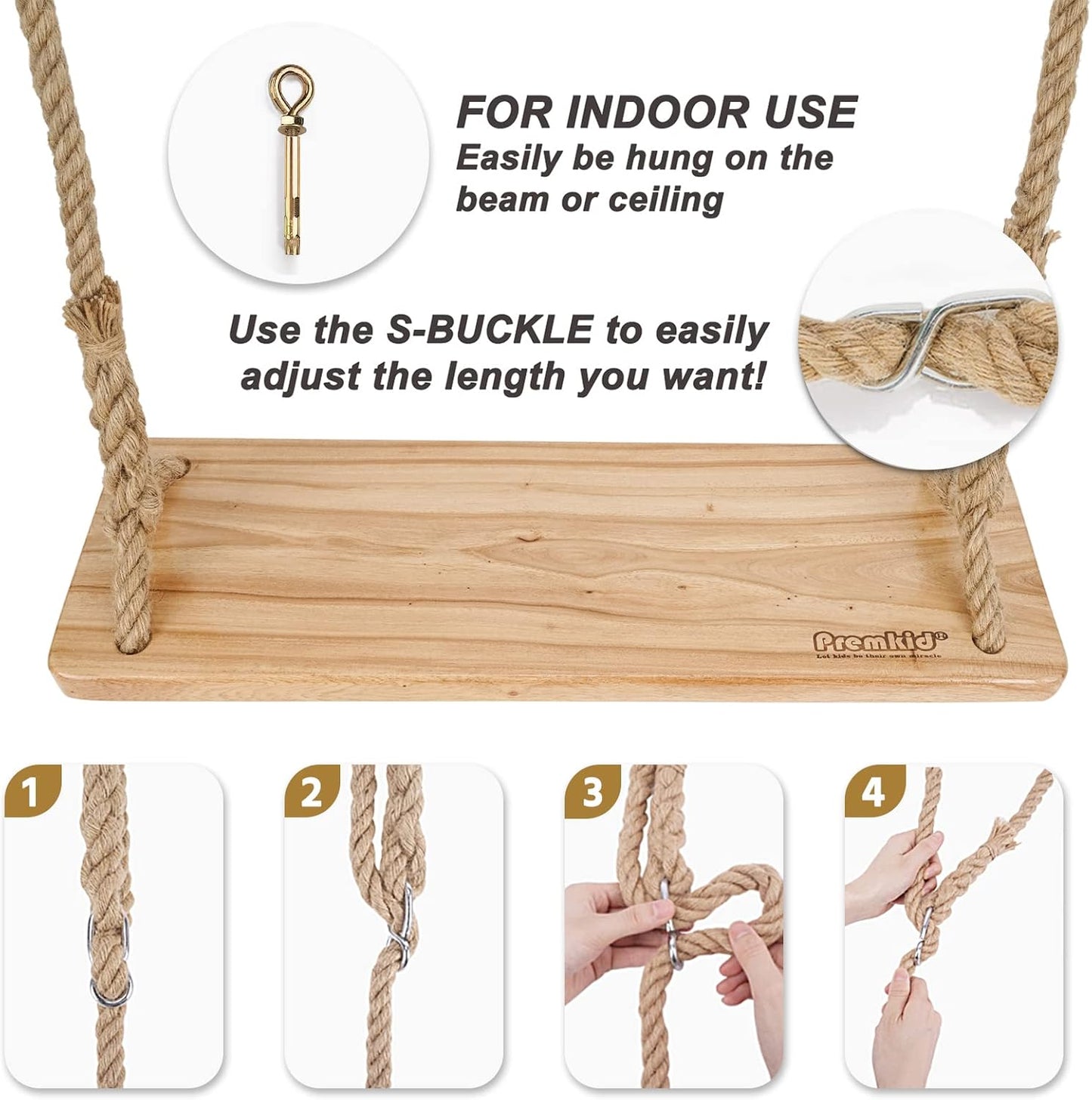 Hanging Wooden Swing, 24"x 8"x 1.2" Tree Swing for Adults and Kids with 500lbs Load, Adjustable Hemp Rope Plus Tree Straps 147 inch, Wood Swing Set Seat for Outdoor and Indoor Use