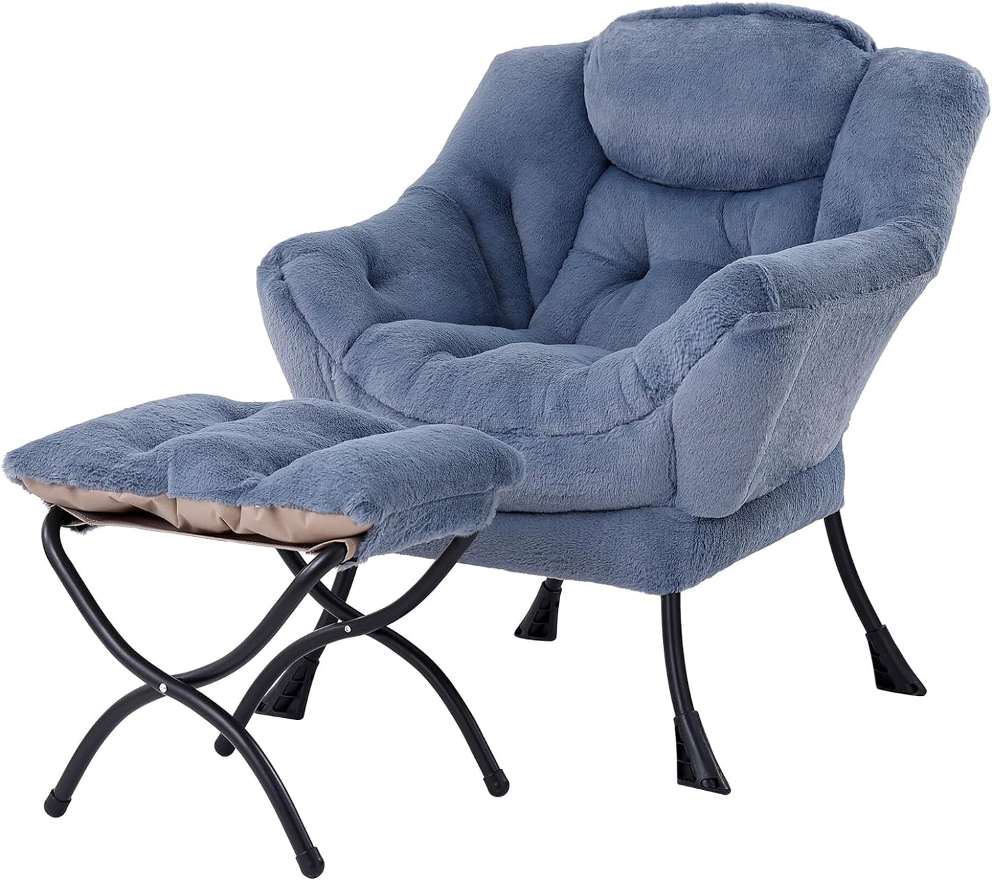 Welnow Lazy Chair with Ottoman, Modern Lounge Accent Chair with Armrests and a Side Pocket, Leisure Sofa Armchair, Reading Armchair with Footrest for Small Space, Dark Grey
