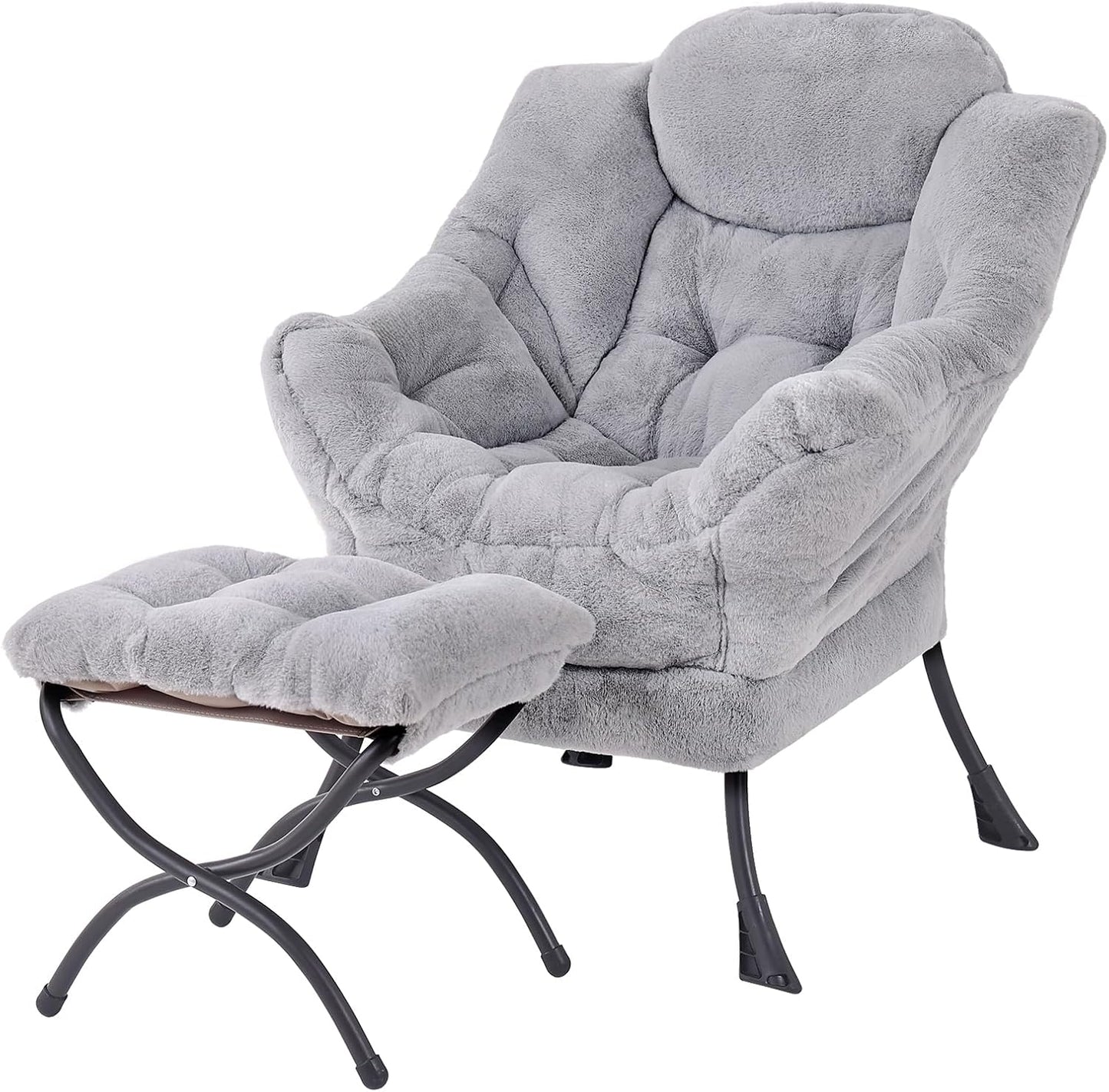 Welnow Lazy Chair with Ottoman, Modern Lounge Accent Chair with Armrests and a Side Pocket, Leisure Sofa Armchair, Reading Armchair with Footrest for Small Space, Dark Grey