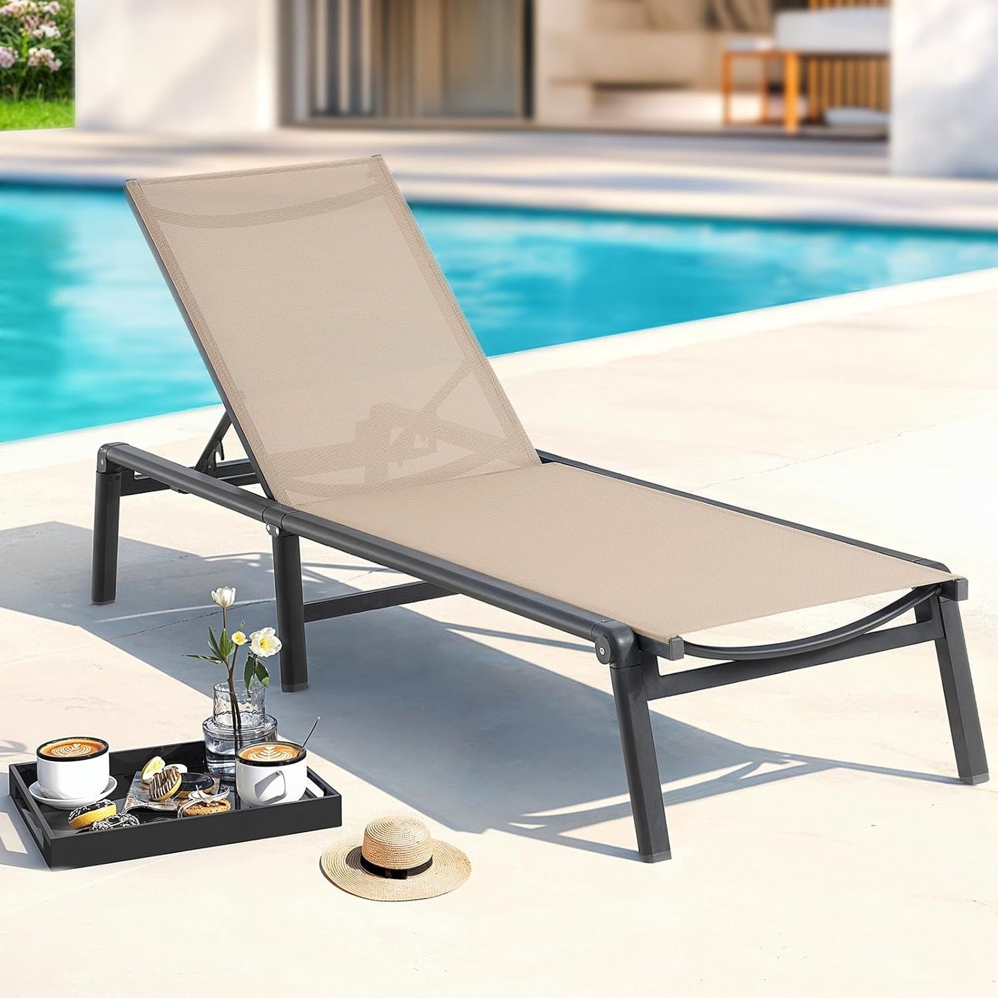Aluminum Chaise Lounge Chair Outdoor, Foldable & Assembly Free Outdoor Lounge Chair with 5 Position Adjustable Backrest, Patio Pool Lounge Chairs for Outside Poolside Beach Lawn, 1PC, Lake Blue