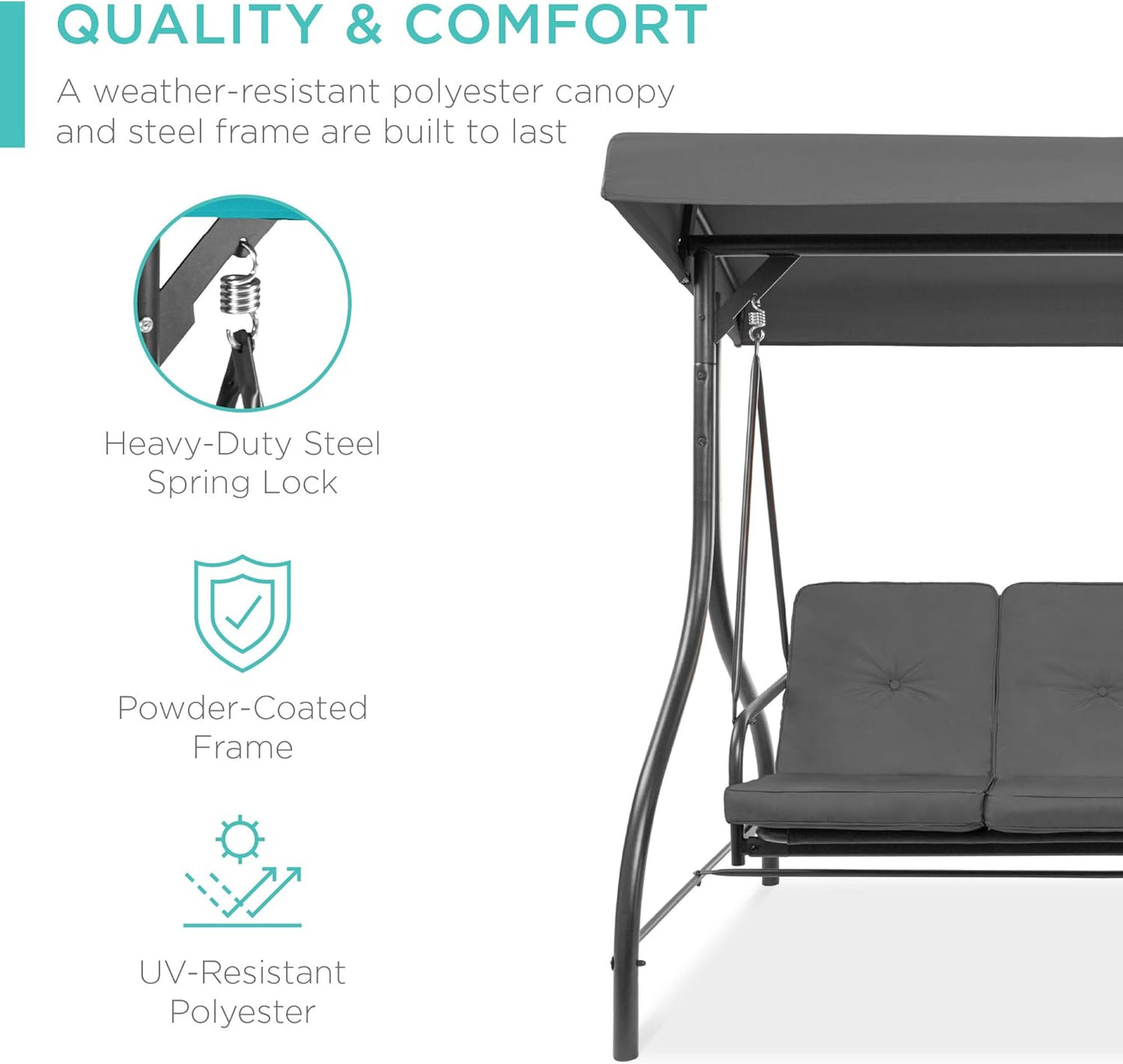 Best Choice Products 3-Seat Outdoor Large Converting Canopy Swing Glider, Patio Hammock Lounge Chair for Porch, Backyard w/Flatbed, Adjustable Shade, Removable Cushions - Gray