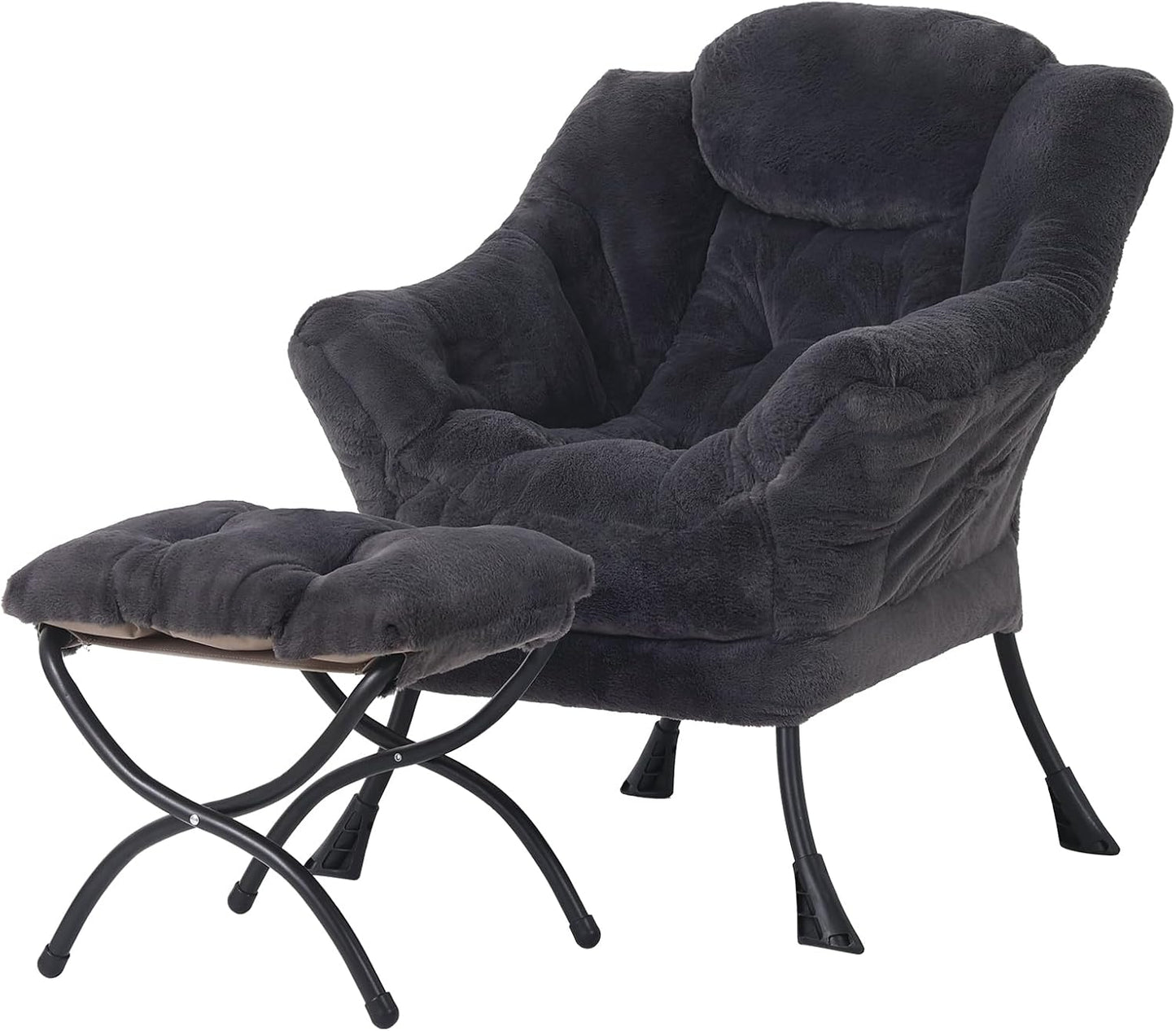 Welnow Lazy Chair with Ottoman, Modern Lounge Accent Chair with Armrests and a Side Pocket, Leisure Sofa Armchair, Reading Armchair with Footrest for Small Space, Dark Grey