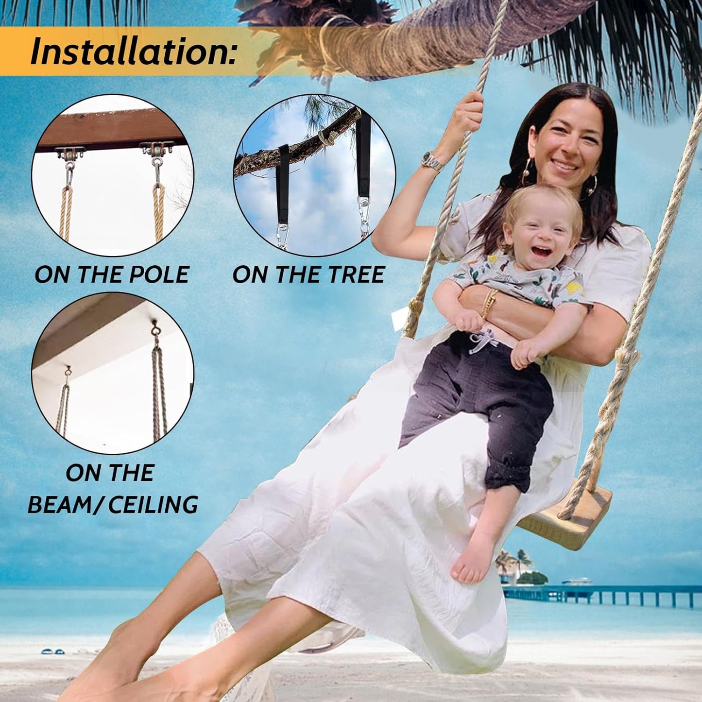 Wooden Swing,Seat 24"x 8"x 1.2,500lbs,Adjustable Hemp Rope & Extension Tree Straps 100 inch,Outdoor Wood Swing,Wood Swings for Adults Kids
