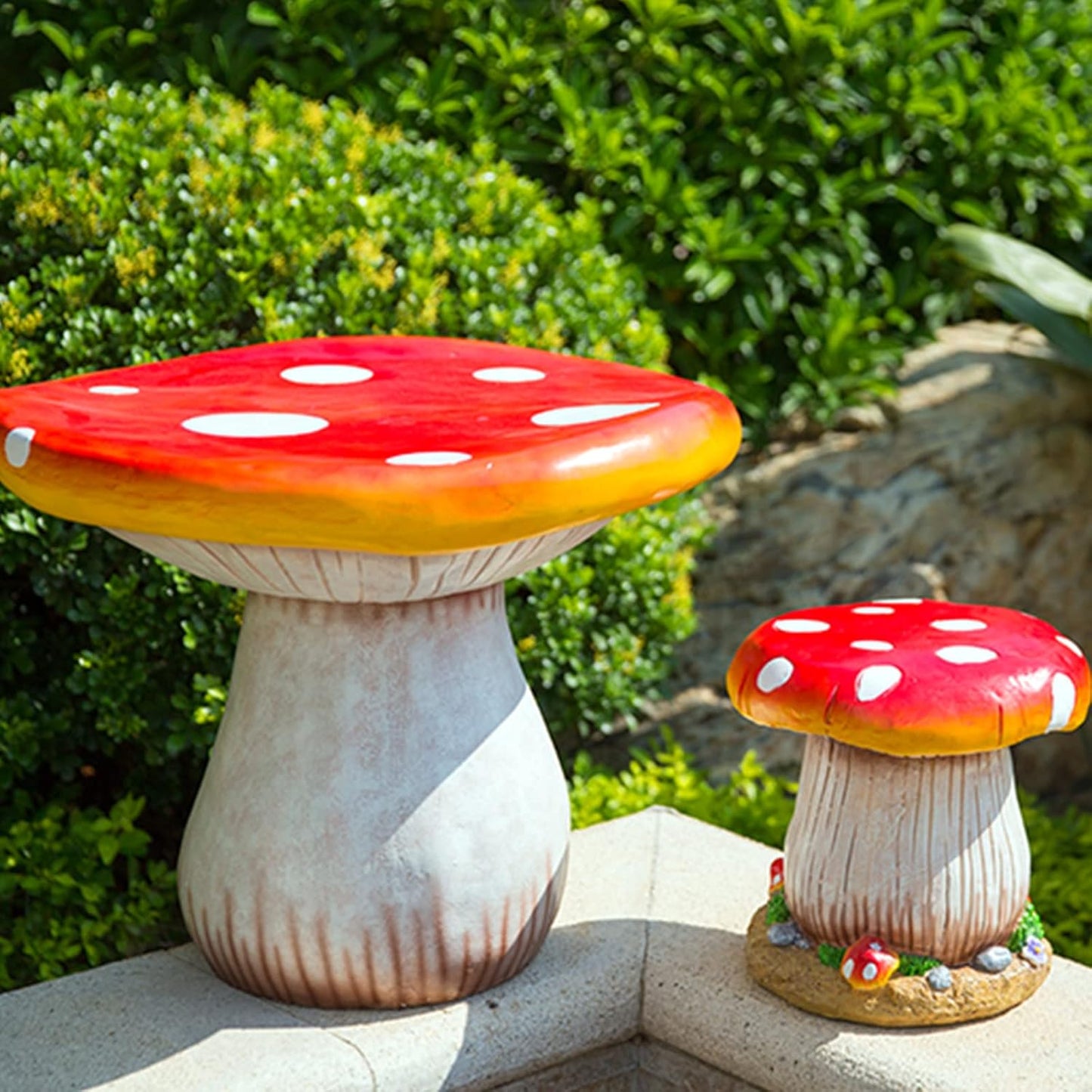 QQXX Outdoor Garden Mushroom Table Stool Statues,Resin Creative Landscape Sculpture Decoration,Courtyard Lawn Pond Ornament,Red,A Set