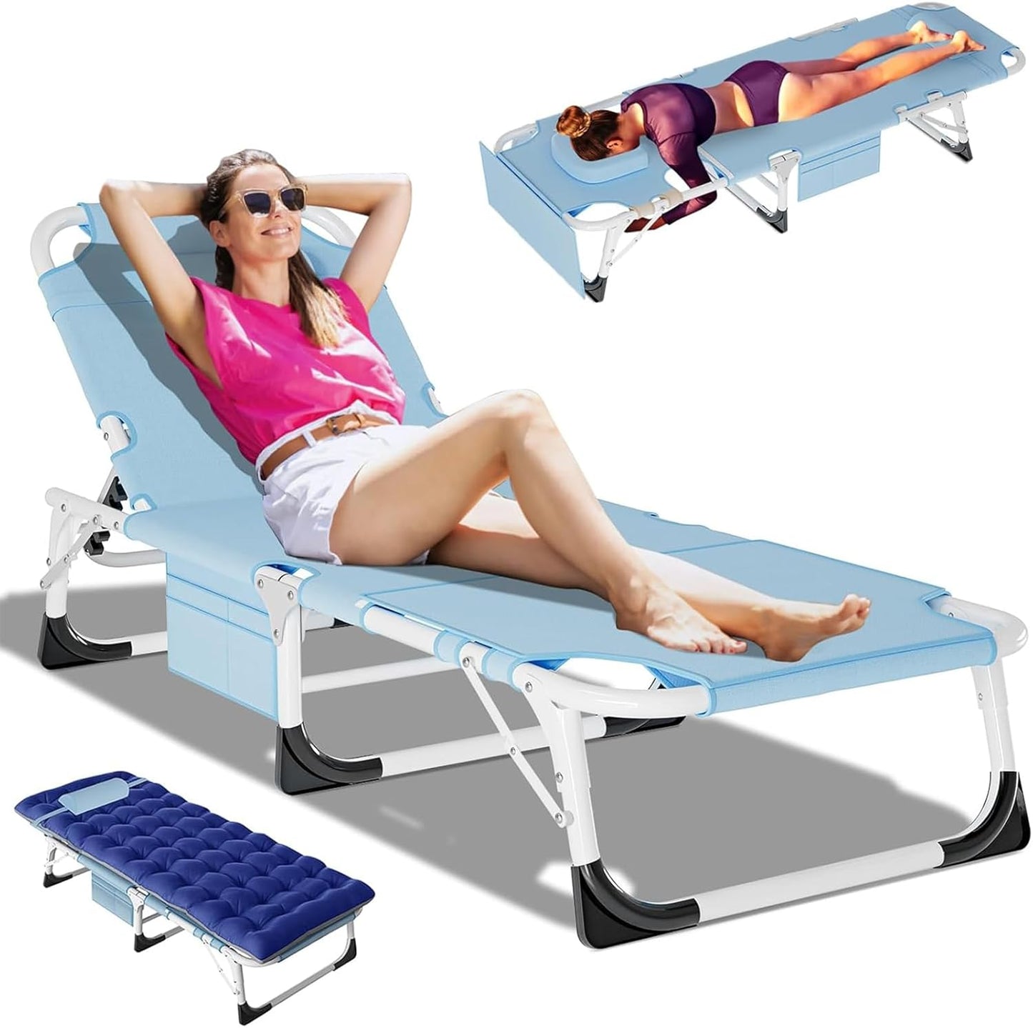 DoCred Heavy Duty Chaise Lounge Chair, Adjustable 5-Position Folding Chaise Lounge Chairs for Outside, Portable Lay Flat Beach Lounge Chair for Outdoor Sunbathing Beach Pool Lawn Camping