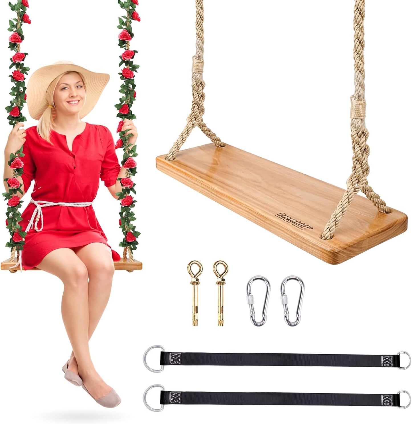 Hanging Wooden Swing, 24"x 8"x 1.2" Tree Swing for Adults and Kids with 500lbs Load, Adjustable Hemp Rope Plus Tree Straps 147 inch, Wood Swing Set Seat for Outdoor and Indoor Use