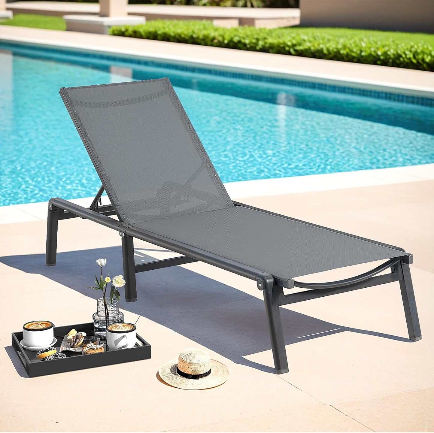 Aluminum Chaise Lounge Chair Outdoor, Foldable & Assembly Free Outdoor Lounge Chair with 5 Position Adjustable Backrest, Patio Pool Lounge Chairs for Outside Poolside Beach Lawn, 1PC, Lake Blue
