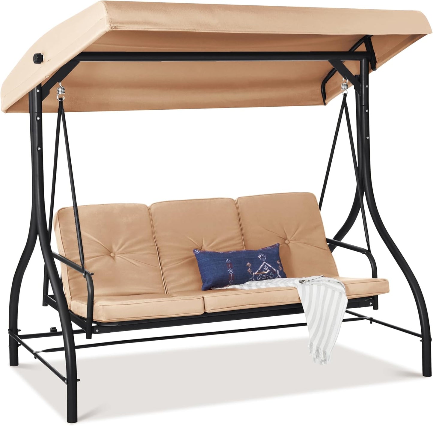 Best Choice Products 3-Seat Outdoor Large Converting Canopy Swing Glider, Patio Hammock Lounge Chair for Porch, Backyard w/Flatbed, Adjustable Shade, Removable Cushions - Gray
