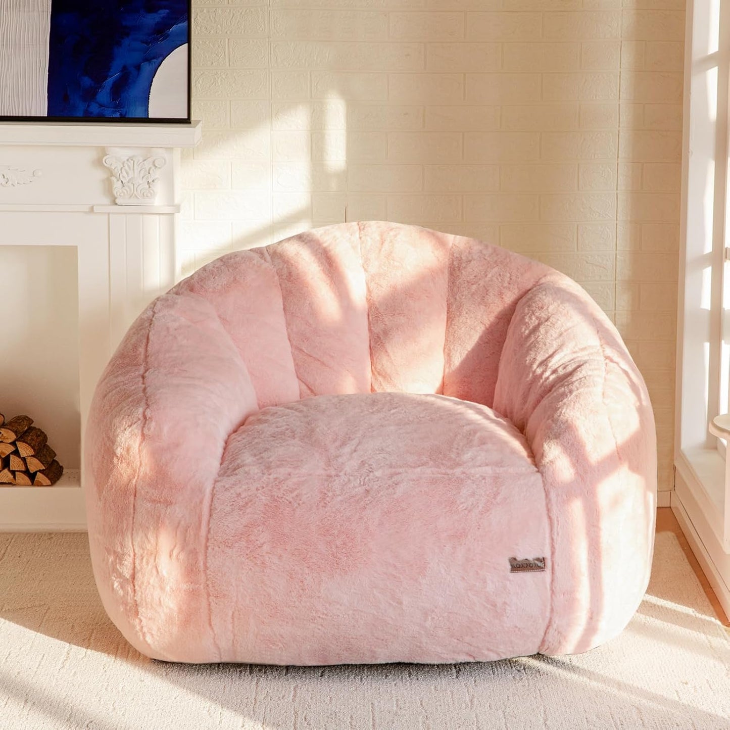 MAXYOYO Giant Bean Bag Chair, Oversized Bean Bag Couch for Adults and Kids, Faux Fur Shell-Shaped Large Chair with Filler, Stuffed Big Accent Sofa Lounge Floor Sofa for Gaming, Reading, Beige