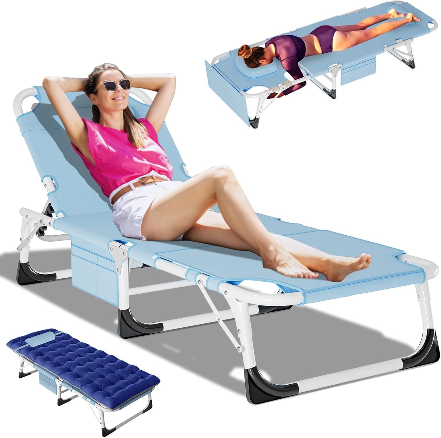 DoCred Heavy Duty Chaise Lounge Chair, Adjustable 5-Position Folding Chaise Lounge Chairs for Outside, Portable Lay Flat Beach Lounge Chair for Outdoor Sunbathing Beach Pool Lawn Camping