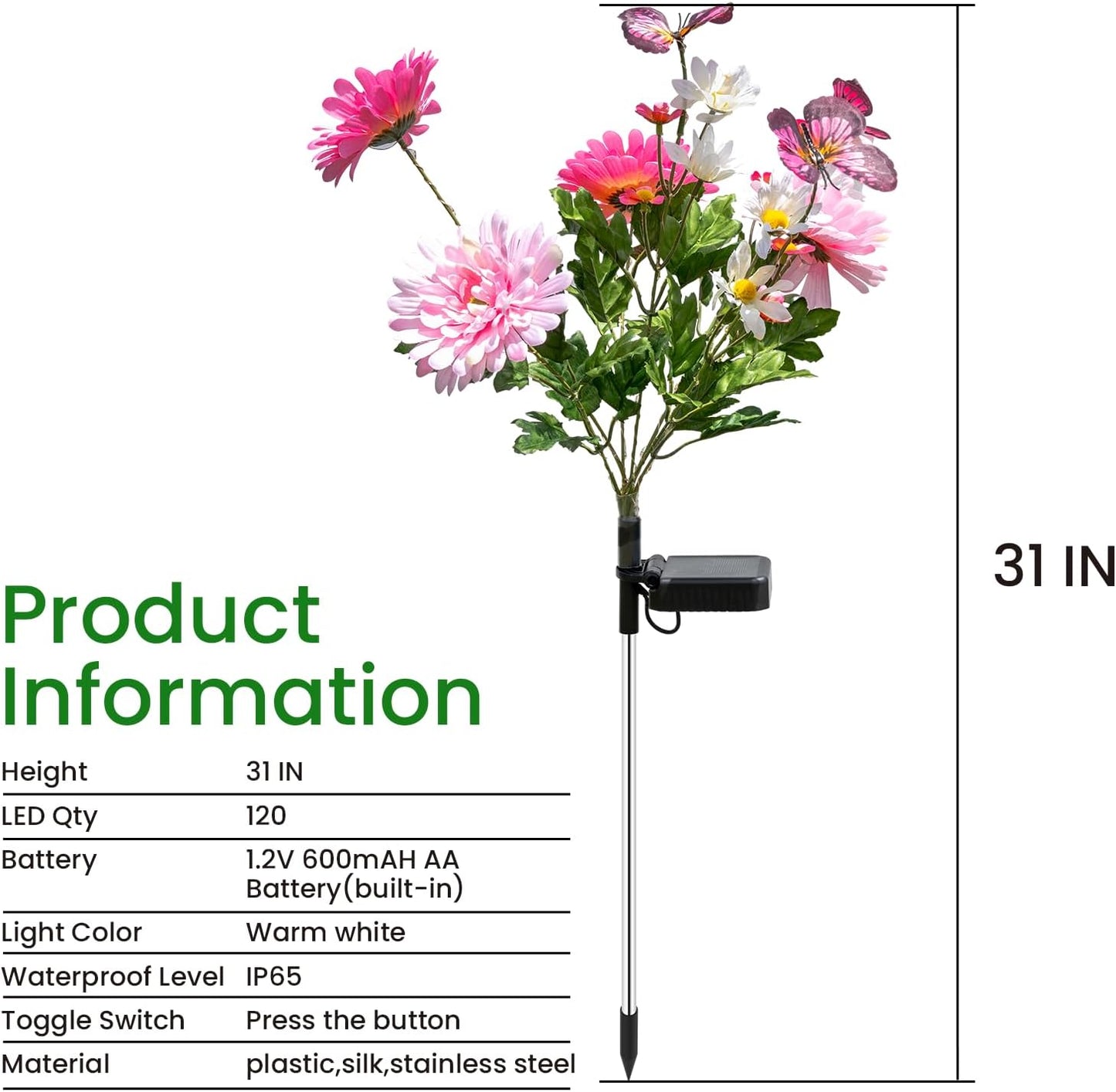 Solar Garden Light 6 Packs, 120 LEDs Outdoor Solar Lighting with Daisy and Butterfly, Waterproof Outdoor Garden Light for Patio, Courtyard, Pathway Decoration (Pink)