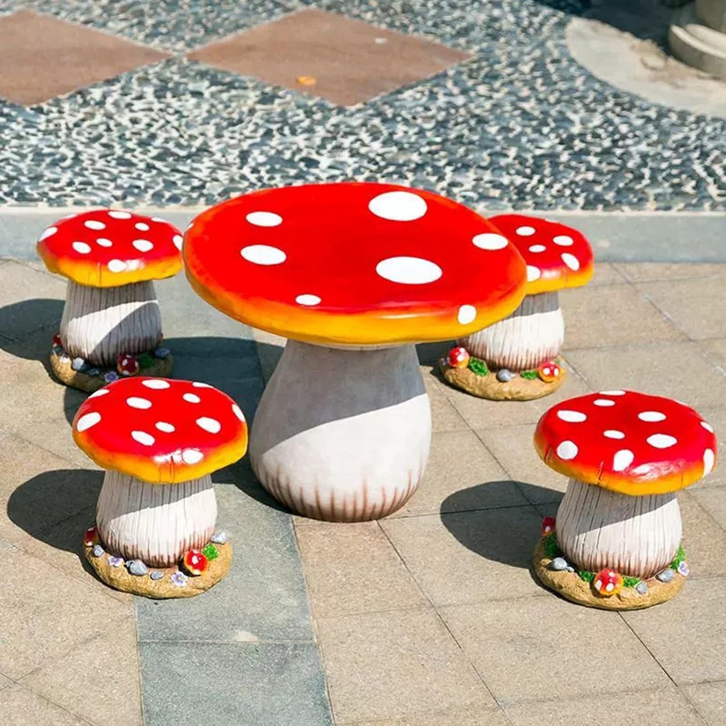 QQXX Outdoor Garden Mushroom Table Stool Statues,Resin Creative Landscape Sculpture Decoration,Courtyard Lawn Pond Ornament,Red,A Set