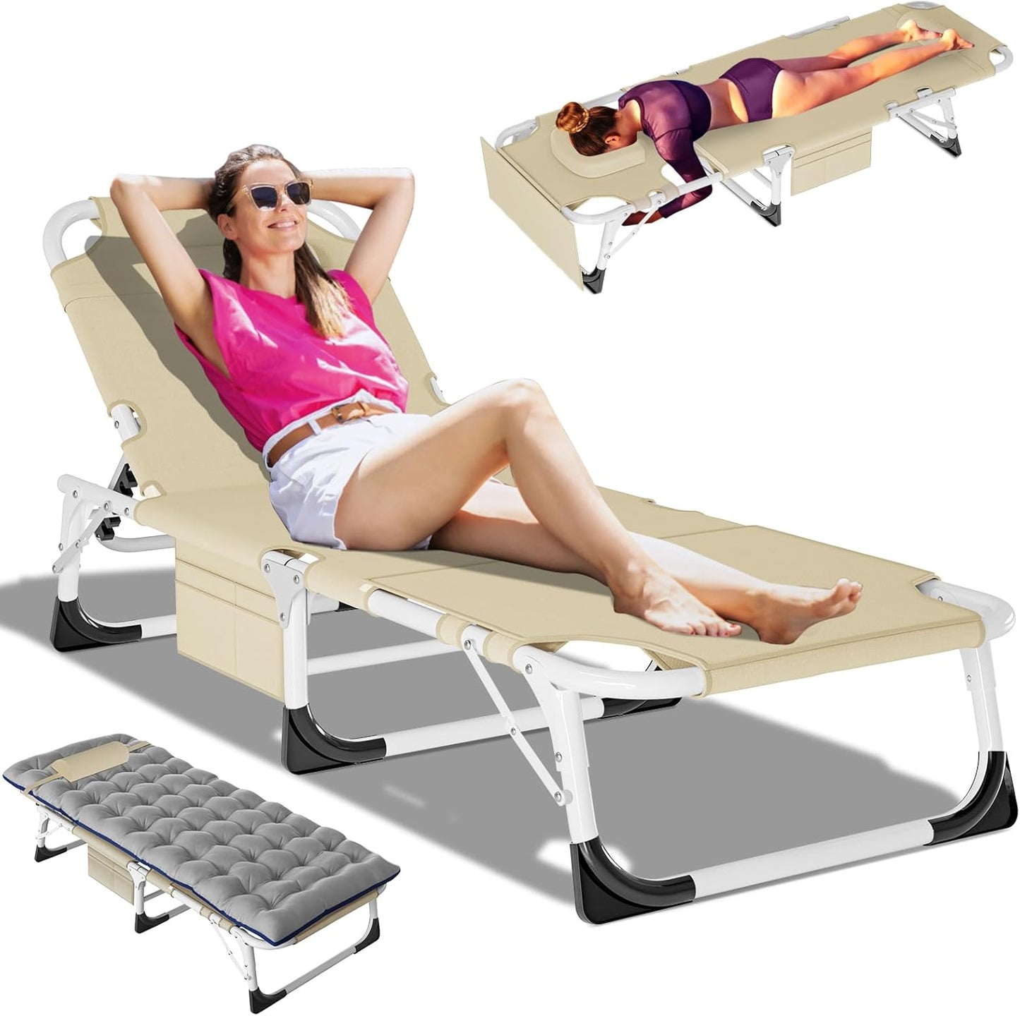 DoCred Heavy Duty Chaise Lounge Chair, Adjustable 5-Position Folding Chaise Lounge Chairs for Outside, Portable Lay Flat Beach Lounge Chair for Outdoor Sunbathing Beach Pool Lawn Camping