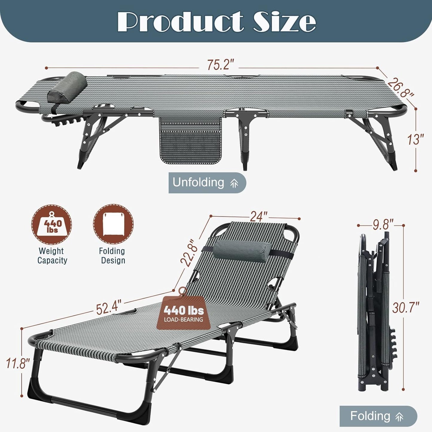 DoCred Heavy Duty Chaise Lounge Chair, Adjustable 5-Position Folding Chaise Lounge Chairs for Outside, Portable Lay Flat Beach Lounge Chair for Outdoor Sunbathing Beach Pool Lawn Camping