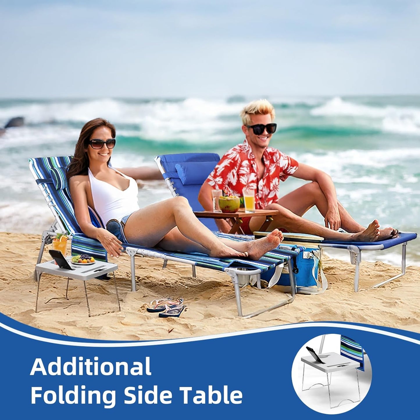 3-in-1 Beach Chair Face Holes, Lounge Chair Outdoor with Folding Side Table, 5-Position Recliner, Lay Flat, Removable Pillow, Heavy Duty, Max 330lbs, Poolside, Patio, Camping, Backyard Striped Blue