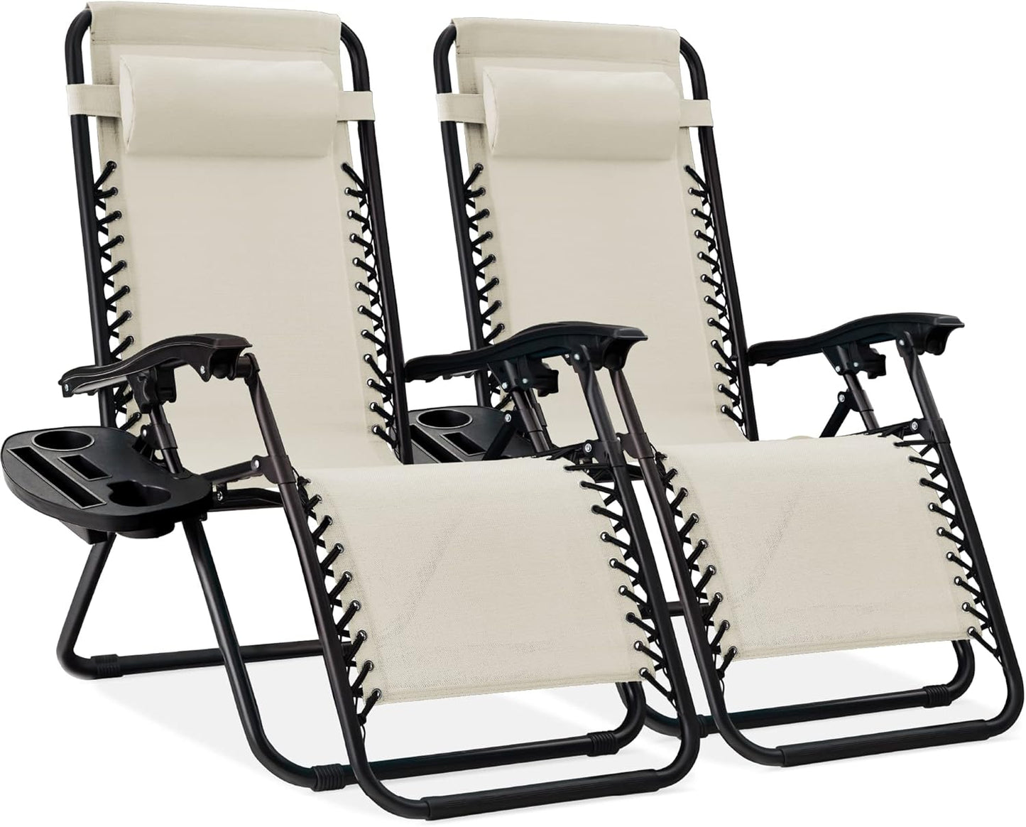 Best Choice Products Set of 2 Adjustable Steel Mesh Zero Gravity Lounge Chair Recliners w/Pillows and Cup Holder Trays - Ice Gray
