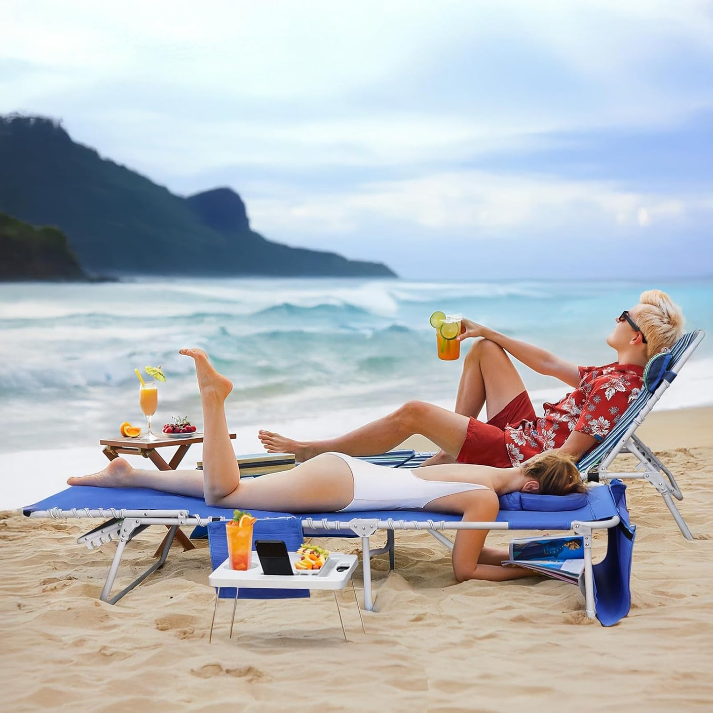 3-in-1 Beach Chair Face Holes, Lounge Chair Outdoor with Folding Side Table, 5-Position Recliner, Lay Flat, Removable Pillow, Heavy Duty, Max 330lbs, Poolside, Patio, Camping, Backyard Striped Blue